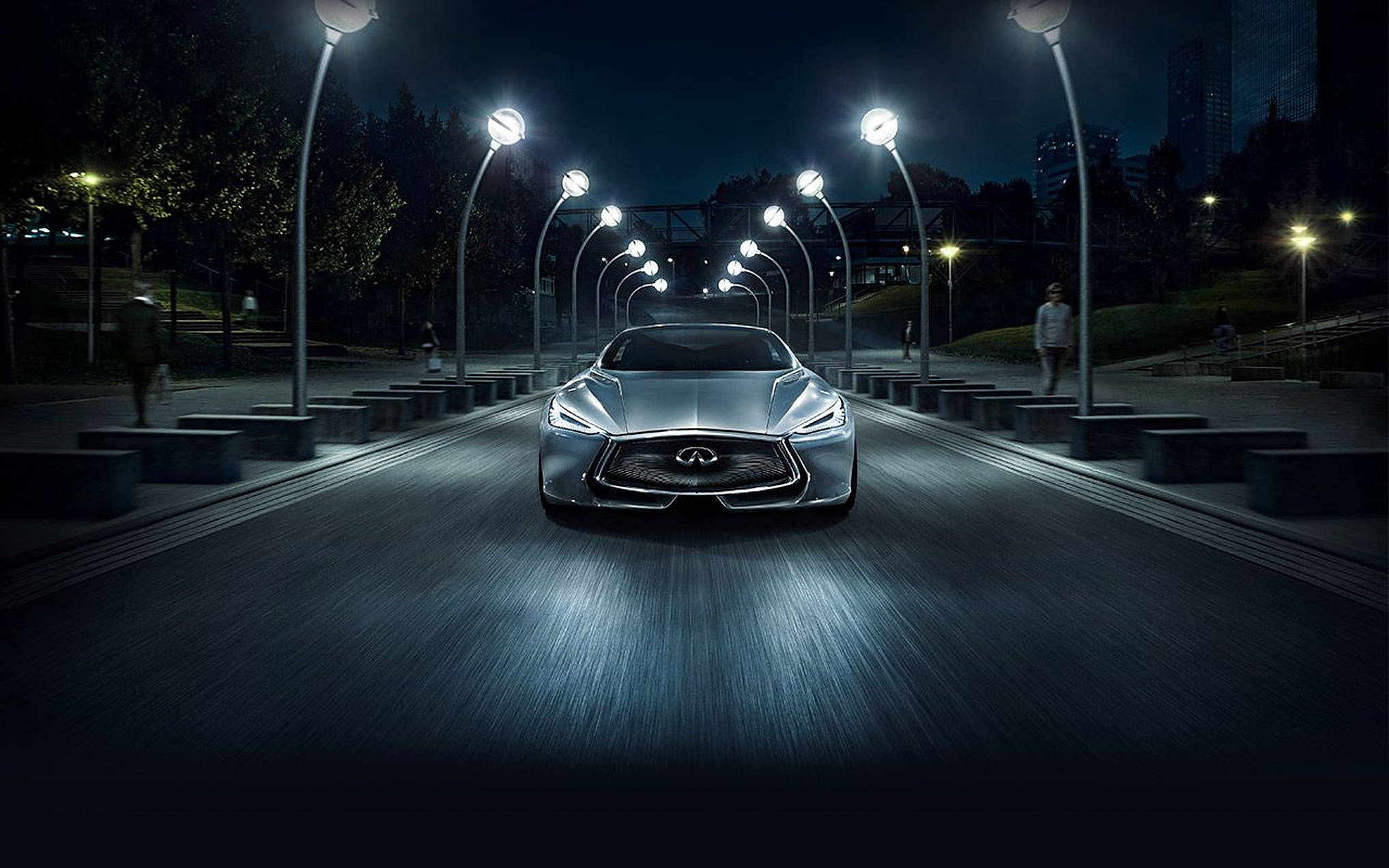 Infiniti, sleek silver sports car, futuristic city street, Full HD Desktop Wallpaper
