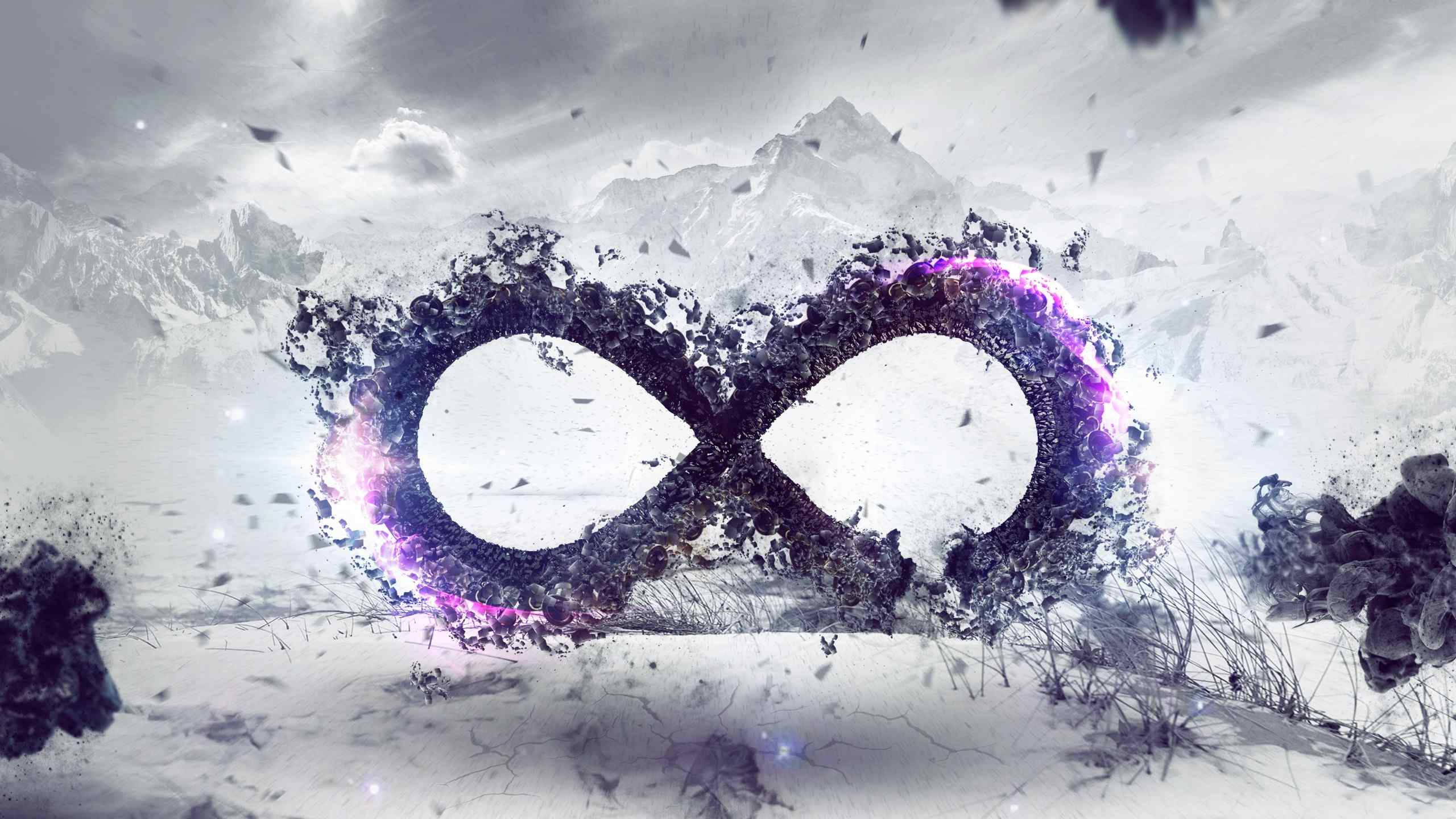 infinity symbol, glowing purple, snowy mountain landscape, 2K Desktop Wallpaper