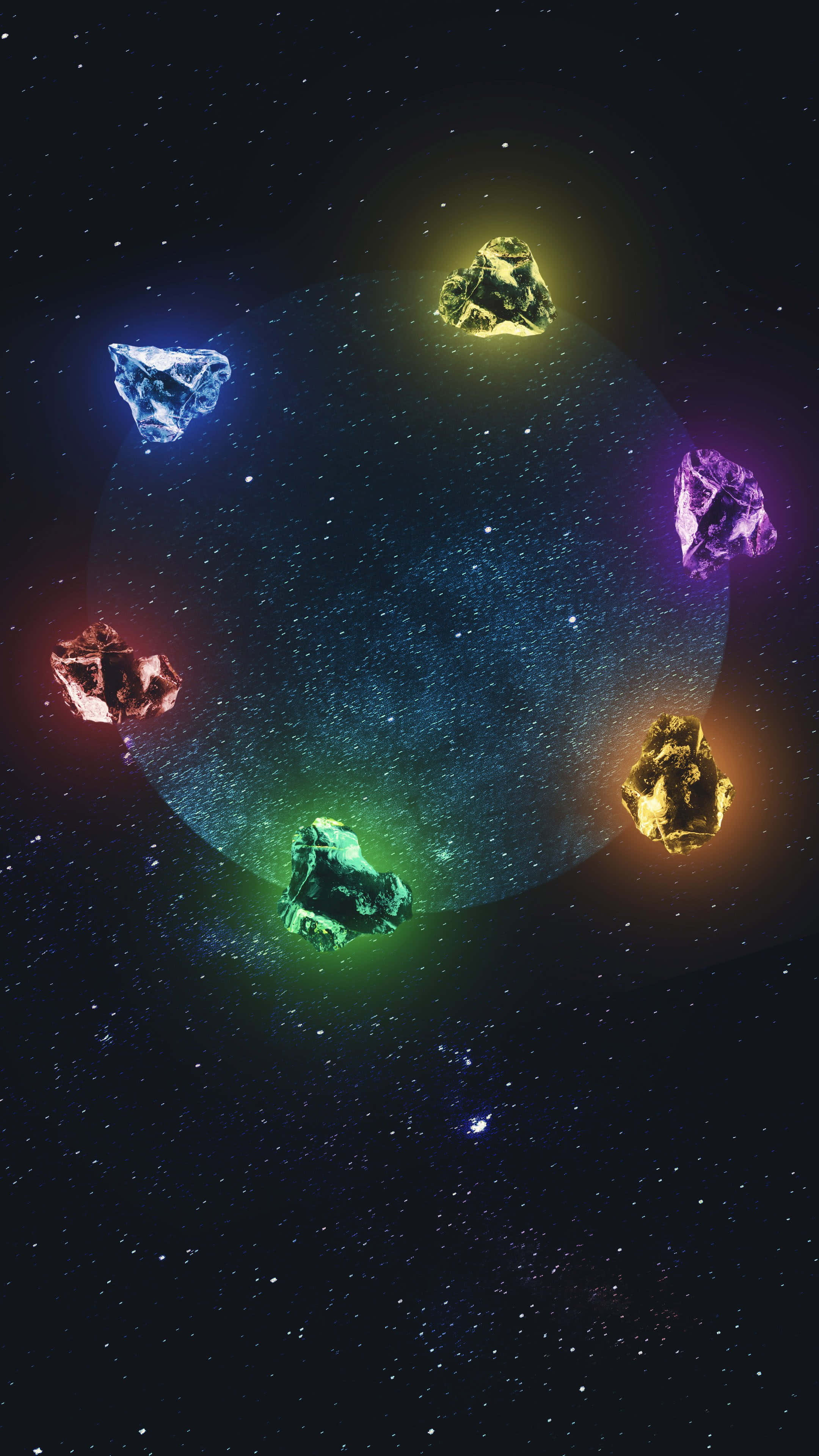 Infinity Gems, multicolored asteroids, cosmic nebula, 4K Phone Wallpaper