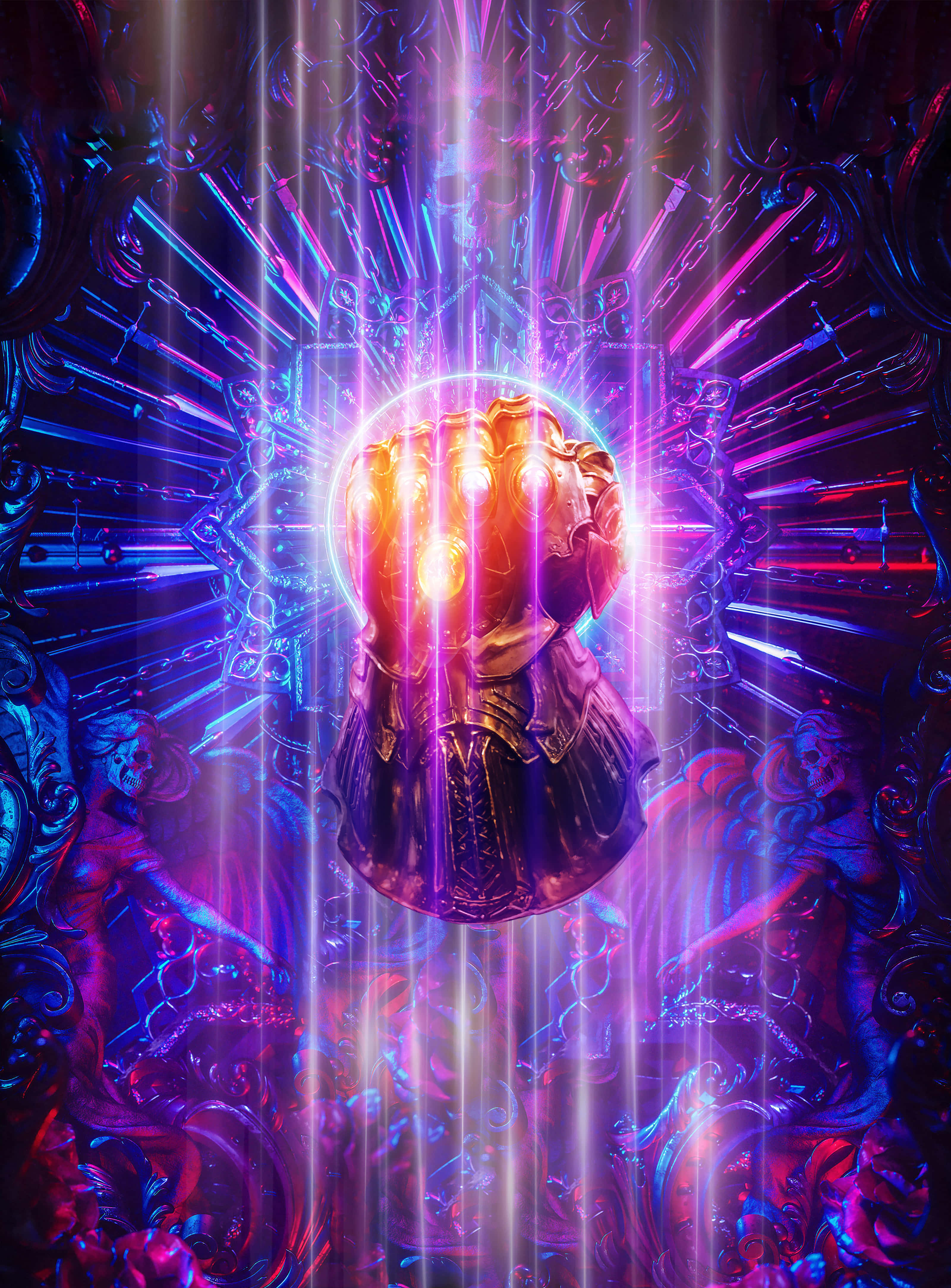 Infinity Stones, golden gauntlet, neon purple, 4K Phone Wallpaper