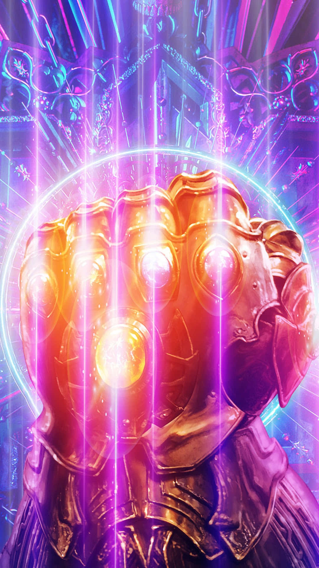 Infinity Stones, golden gauntlet, vibrant purple and blue cosmic background, Full HD Phone Wallpaper