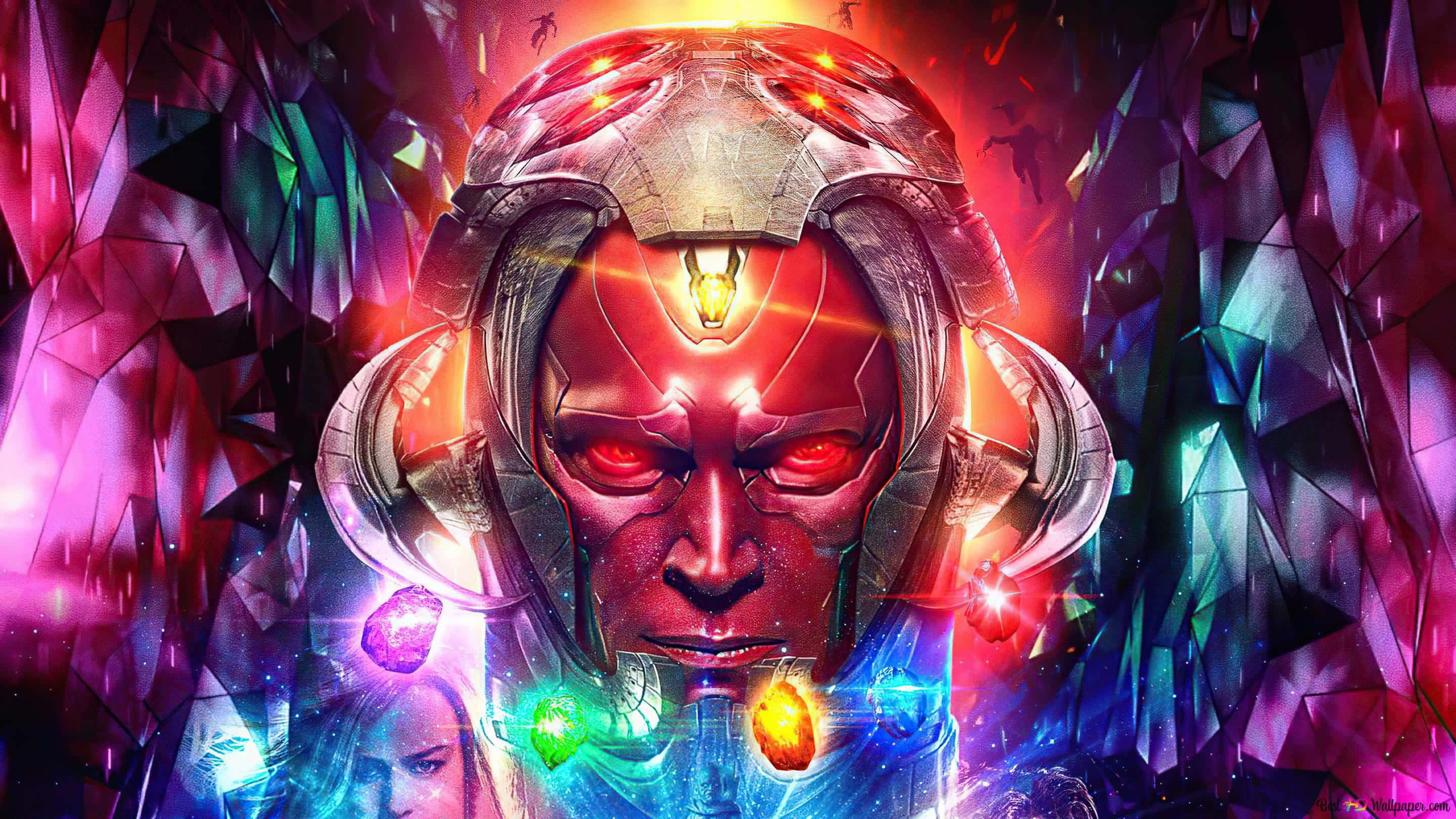Infinity Stones, red-skinned cosmic villain, glowing eyes, 2K Desktop Wallpaper
