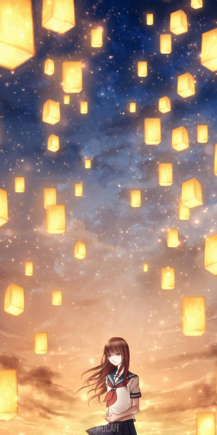 Infinix, sky lantern girl, glowing floating lanterns, HD Phone Wallpaper