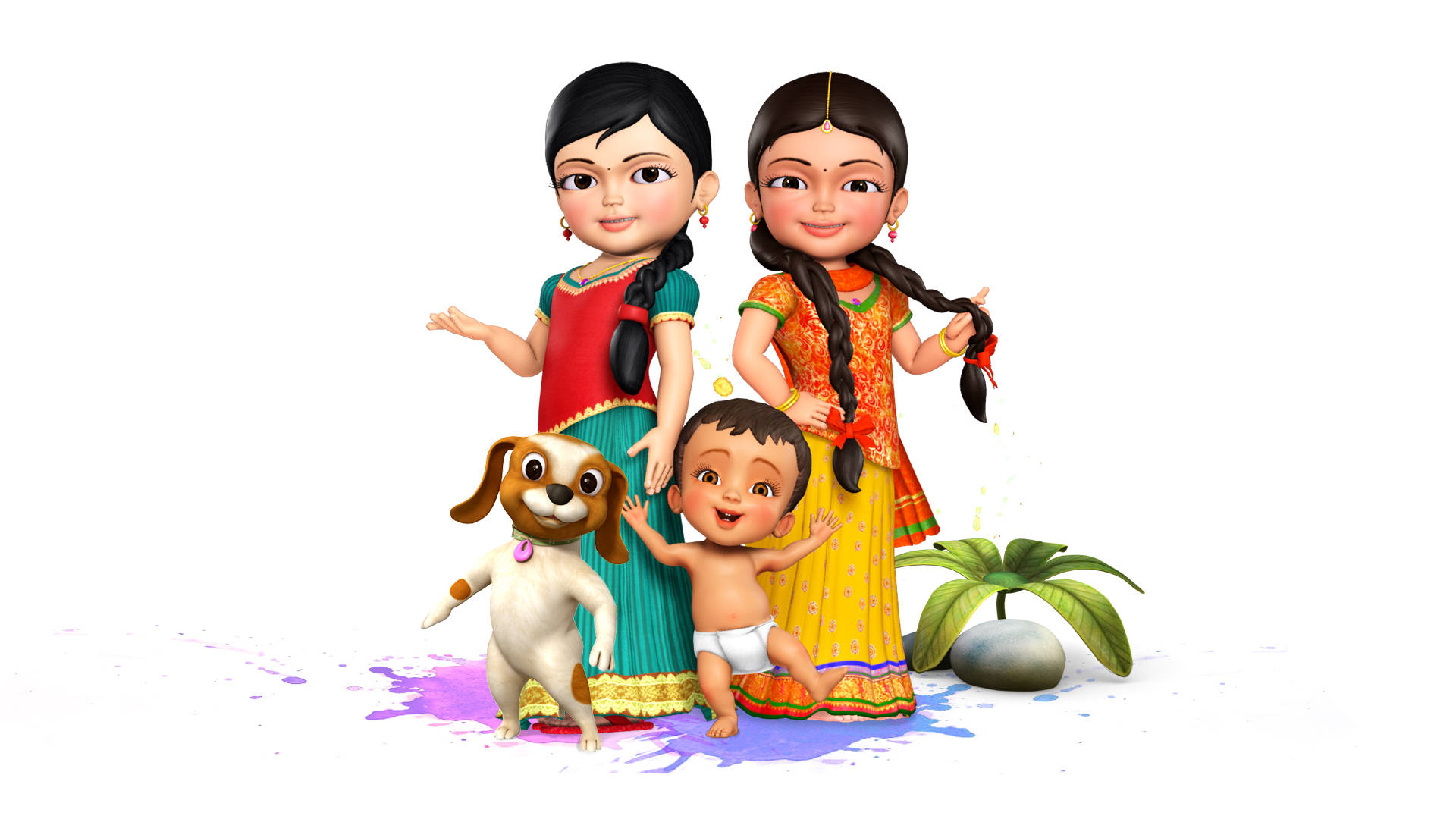 Infobells, cartoon family, colorful paint splatters, Full HD Desktop Wallpaper