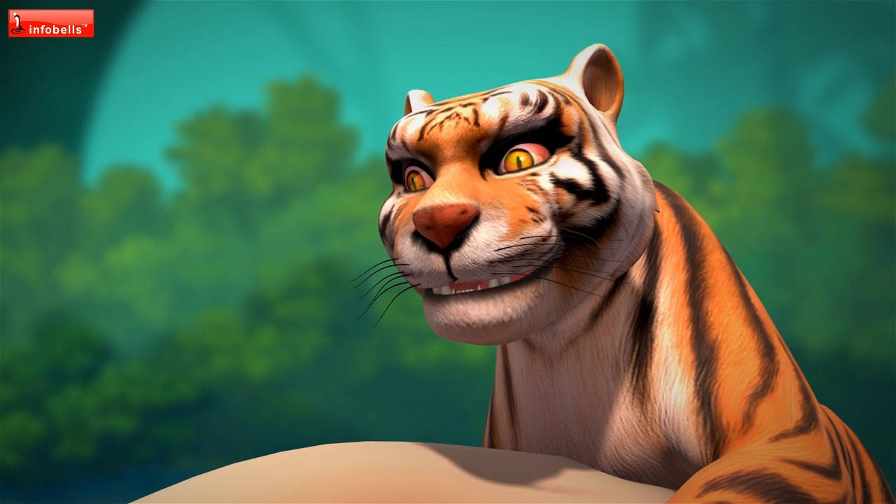 Infobells, animated cartoon tiger, orange stripes, HD Desktop Wallpaper