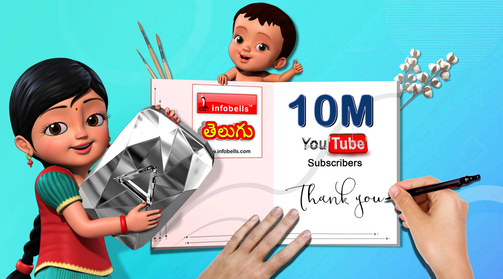 Infobells, 10 million YouTube subscribers, animated girl, Full HD Desktop Wallpaper