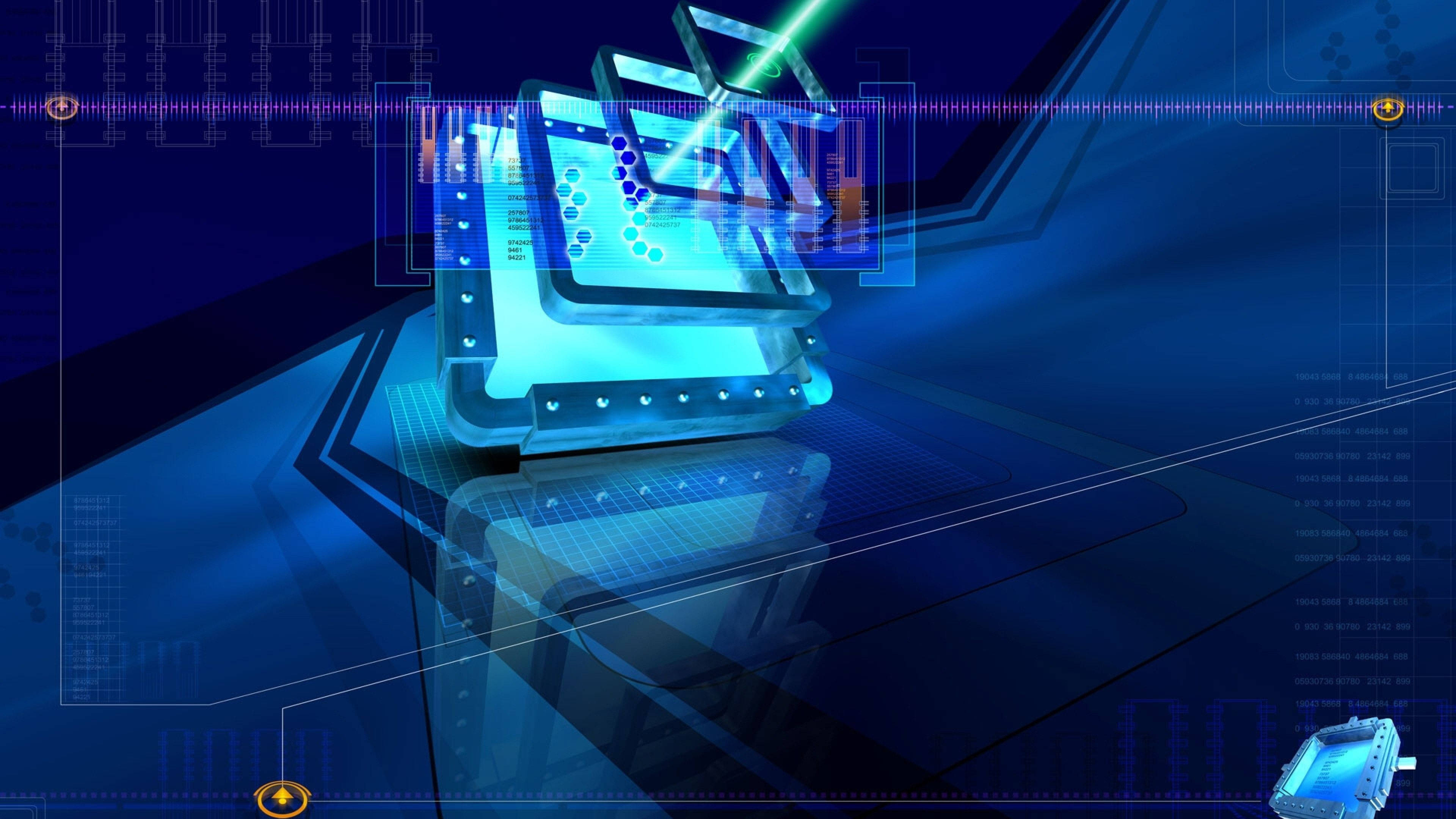 Information Technology, glowing blue server tower, data streams, 4K Desktop Wallpaper