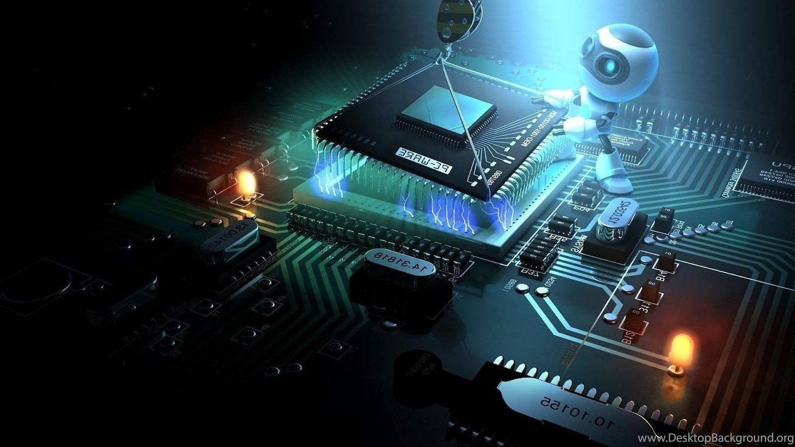 Information Technology, glowing blue robot, circuit board, HD Desktop Wallpaper