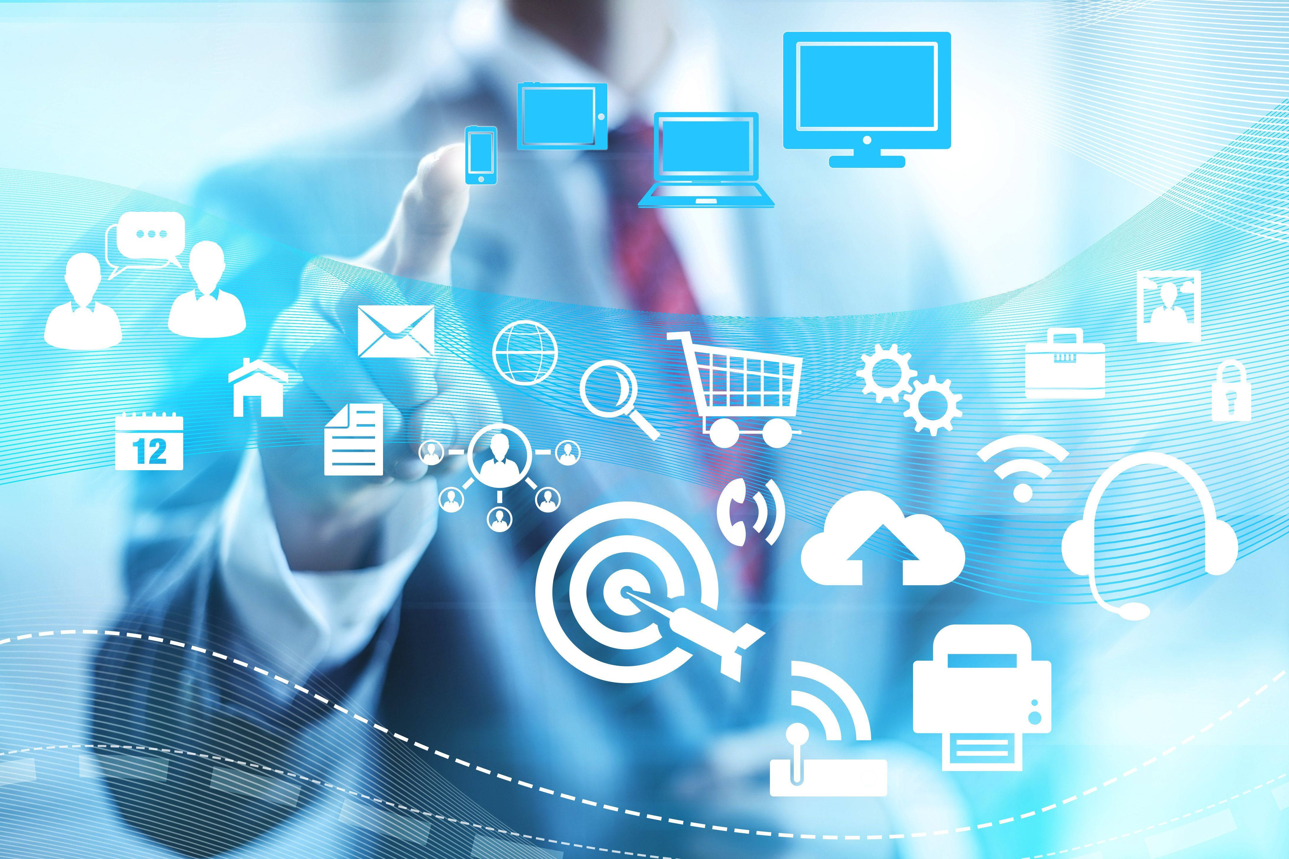 glowing blue digital icons, businessman's hand, technology, 4K Desktop Wallpaper