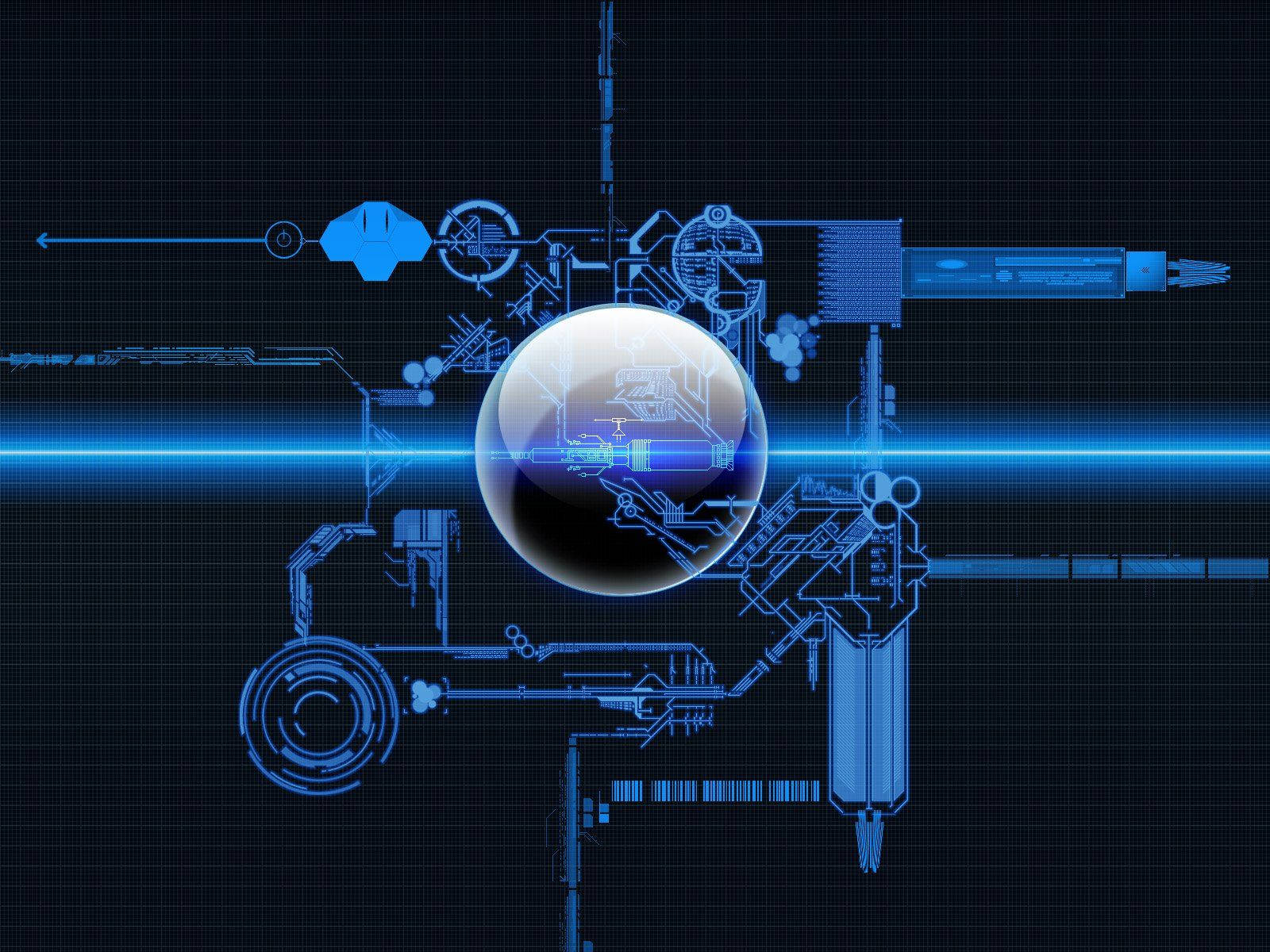 Information Technology Engineering System, glowing blue holographic blueprint, futuristic machinery, HD Desktop Wallpaper