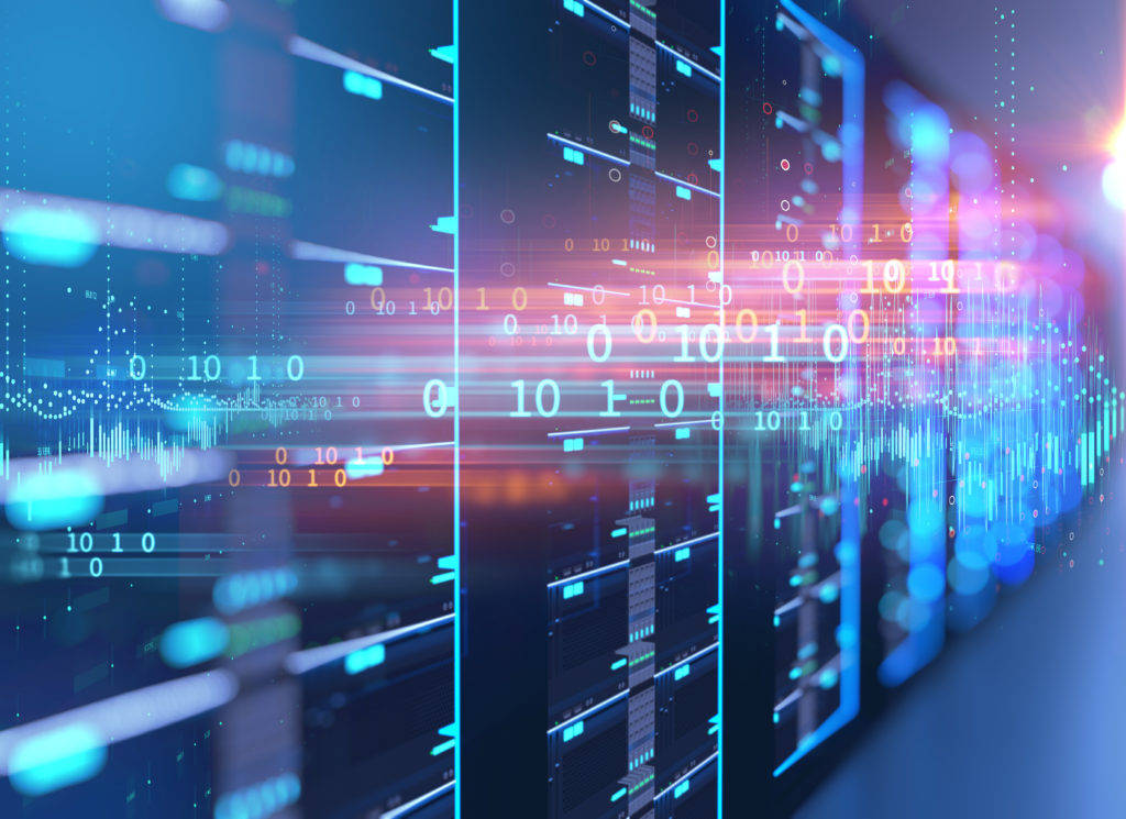 server racks, blue and pink digital data streams, binary code, SD Desktop Wallpaper