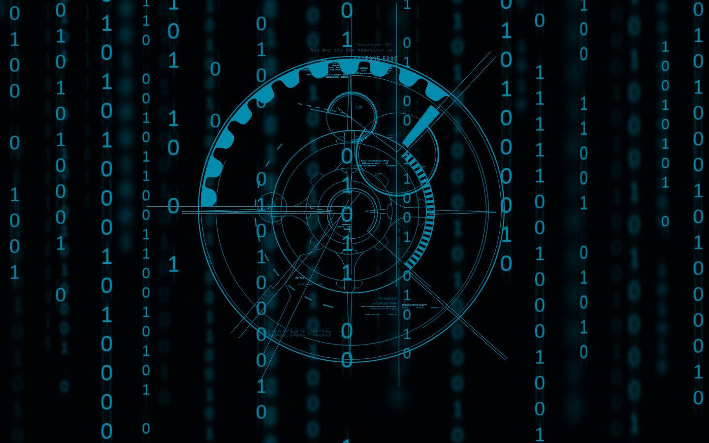 glowing blue digital targeting reticle, cascading binary code, black background, HD Desktop Wallpaper