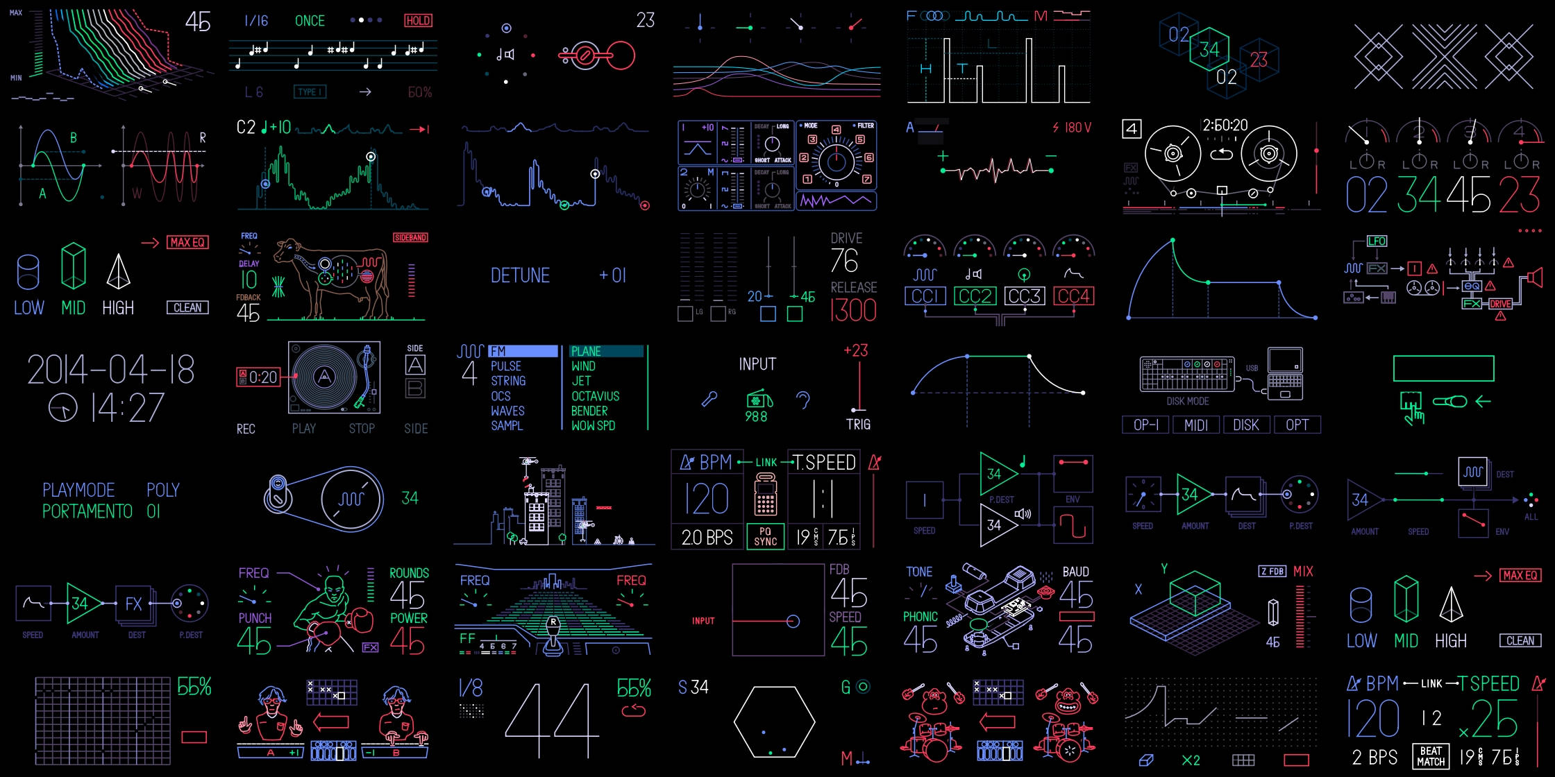 neon digital interfaces, synthwave-inspired retro-futuristic graphics, black background, Full HD Desktop Wallpaper