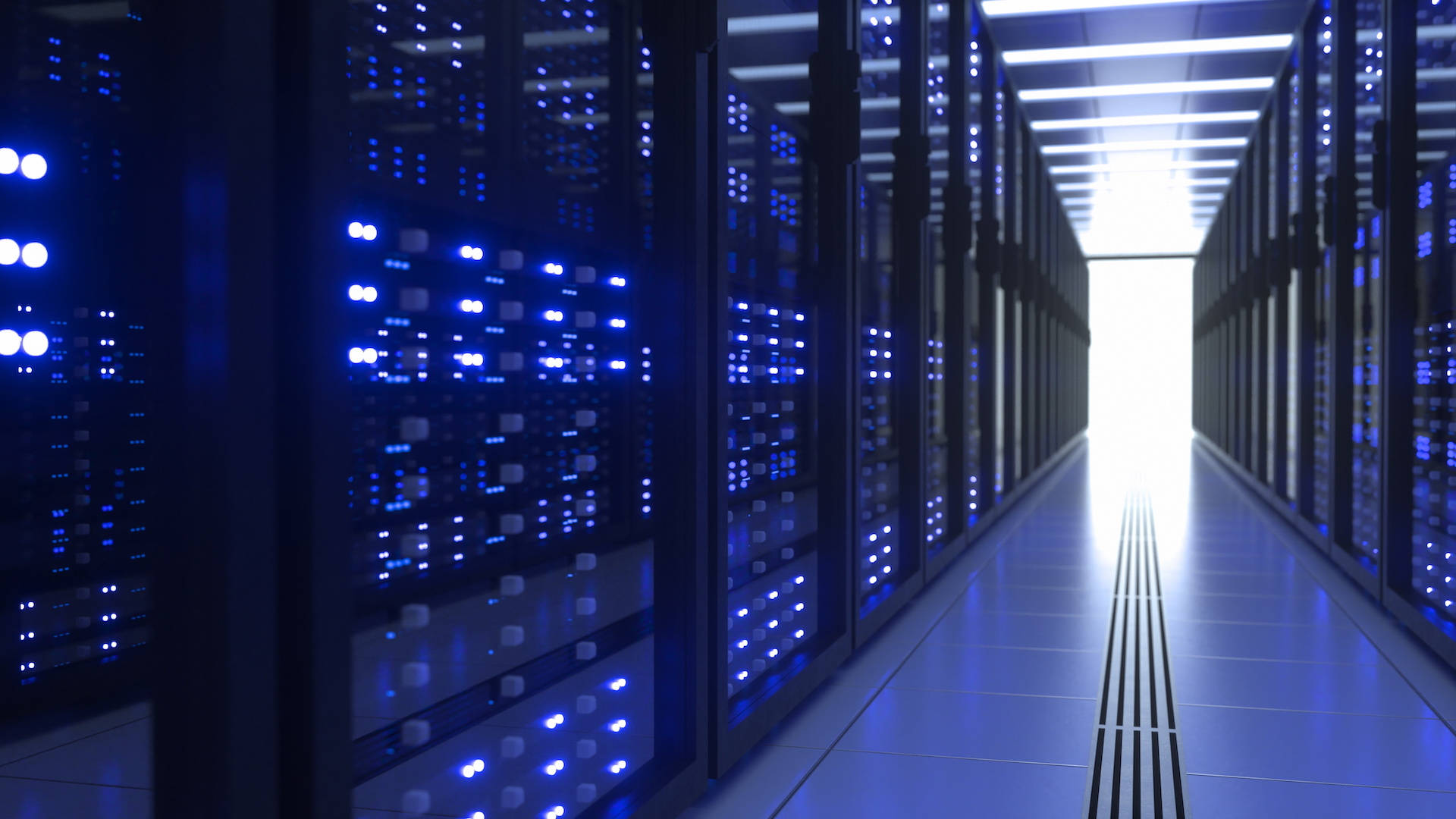 cinematic data center, server racks, glowing blue lights, Full HD Desktop Wallpaper