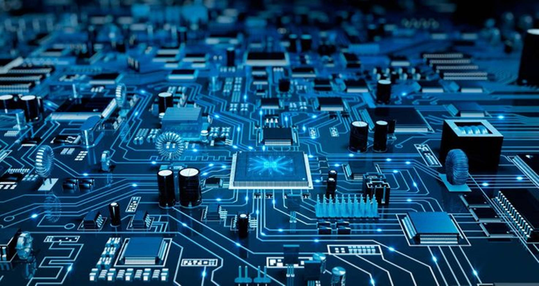 futuristic blue-tinted circuit board, glowing pathways, central processor, HD Desktop Wallpaper
