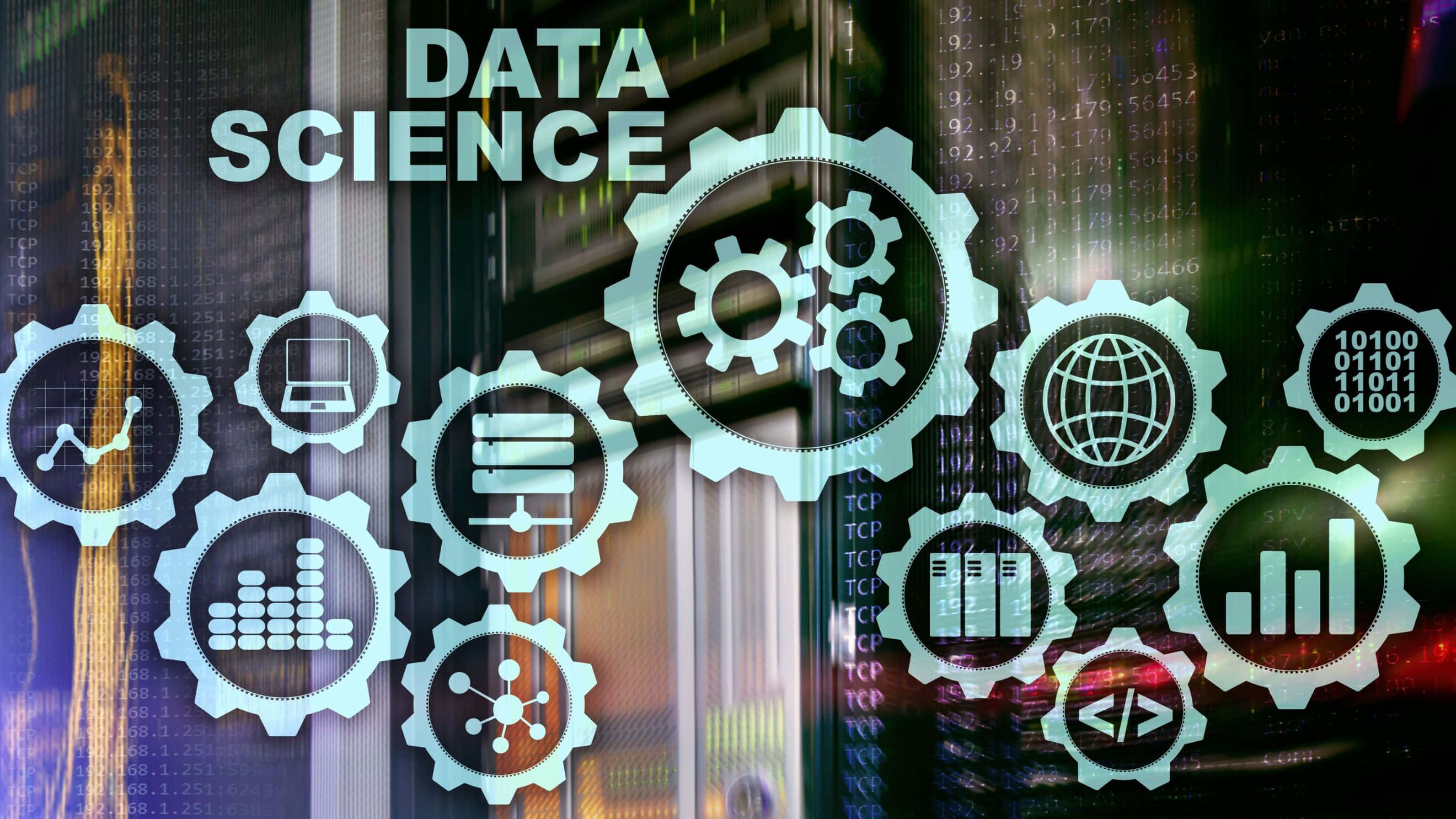 teal, gears, data icons, 2K Desktop Wallpaper