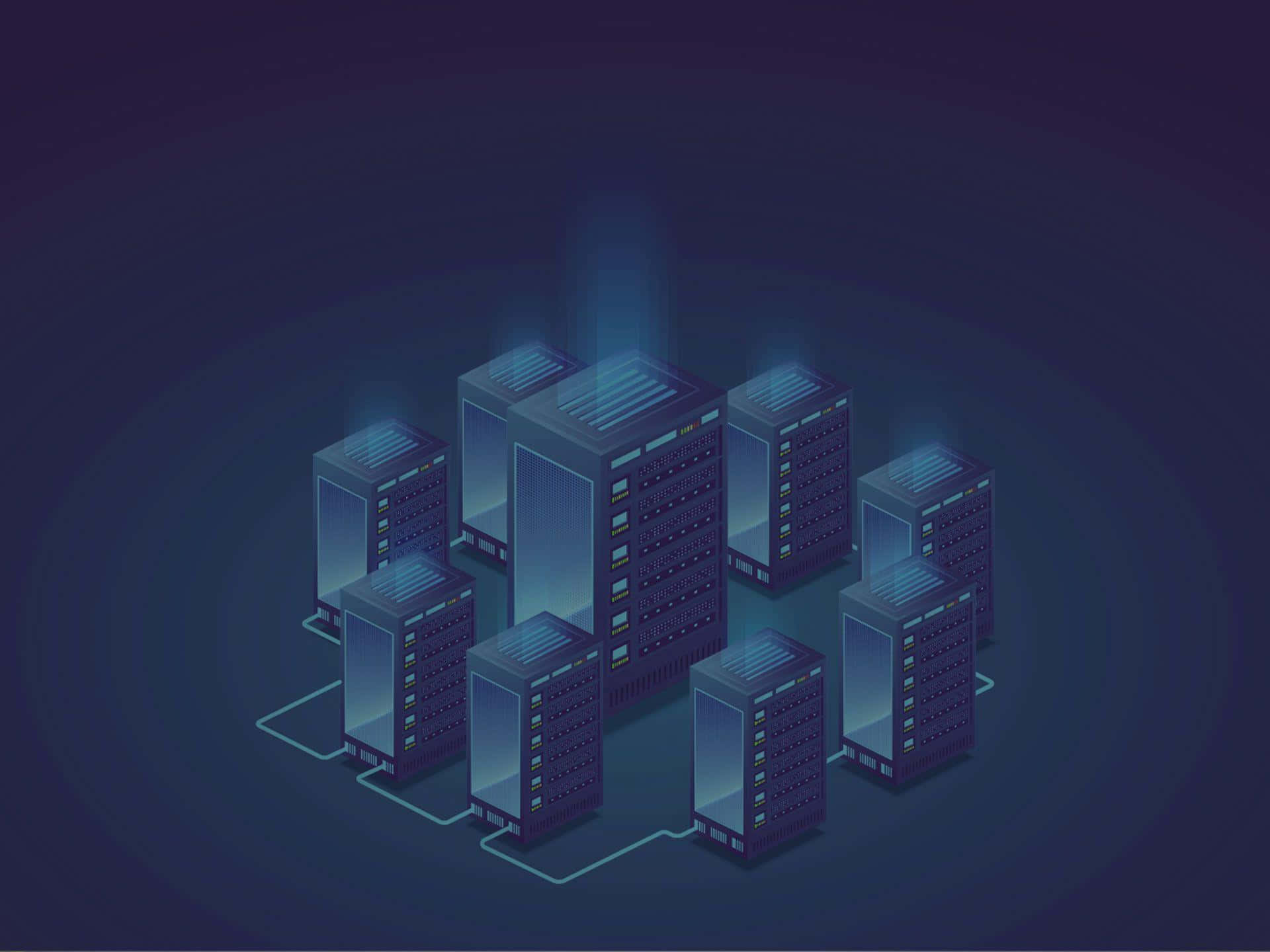 futuristic data center, glowing blue server towers, light trails, Full HD Desktop Wallpaper