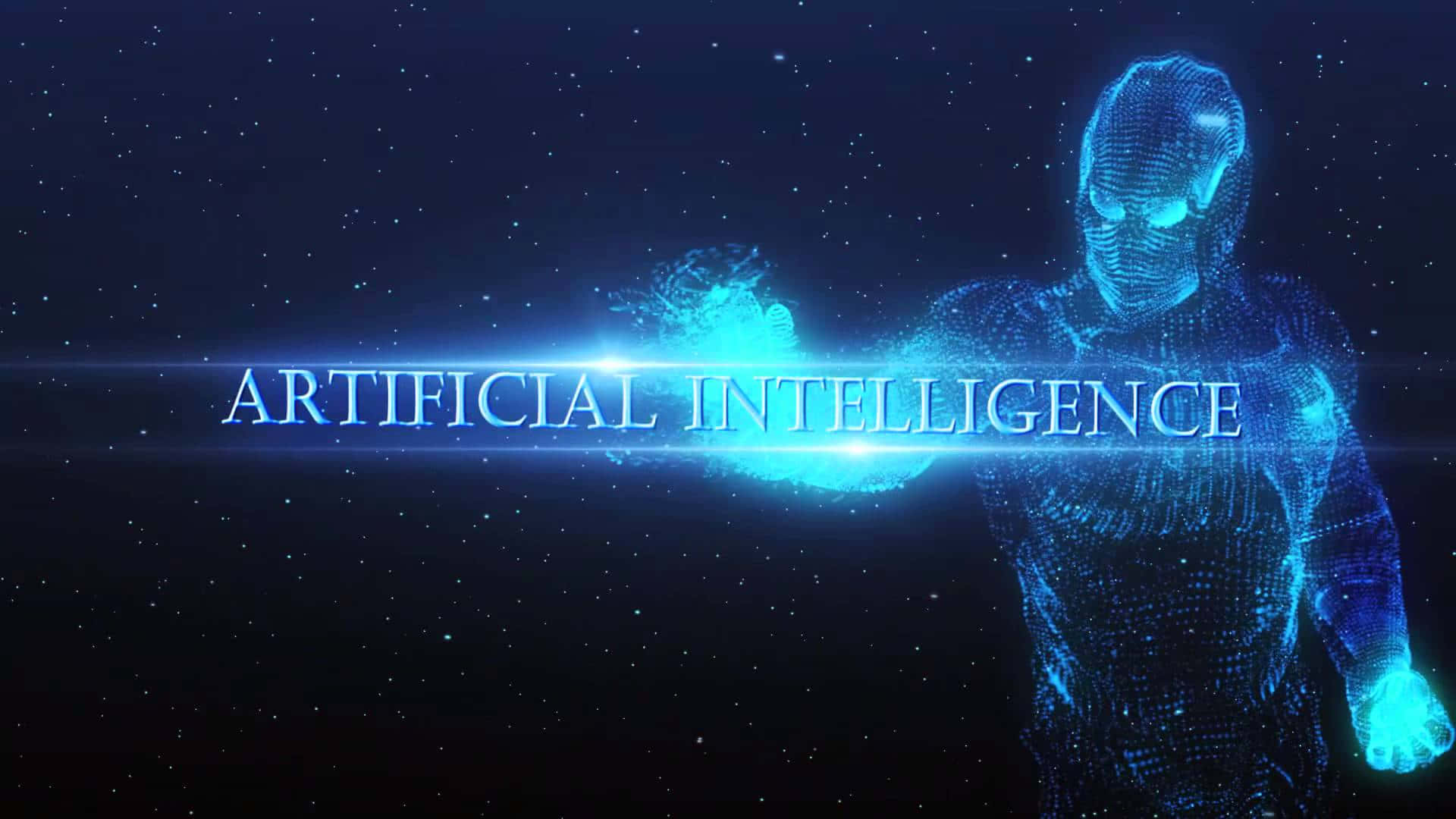 glowing blue digital humanoid figure, artificial intelligence, starry cosmic background, Full HD Desktop Wallpaper