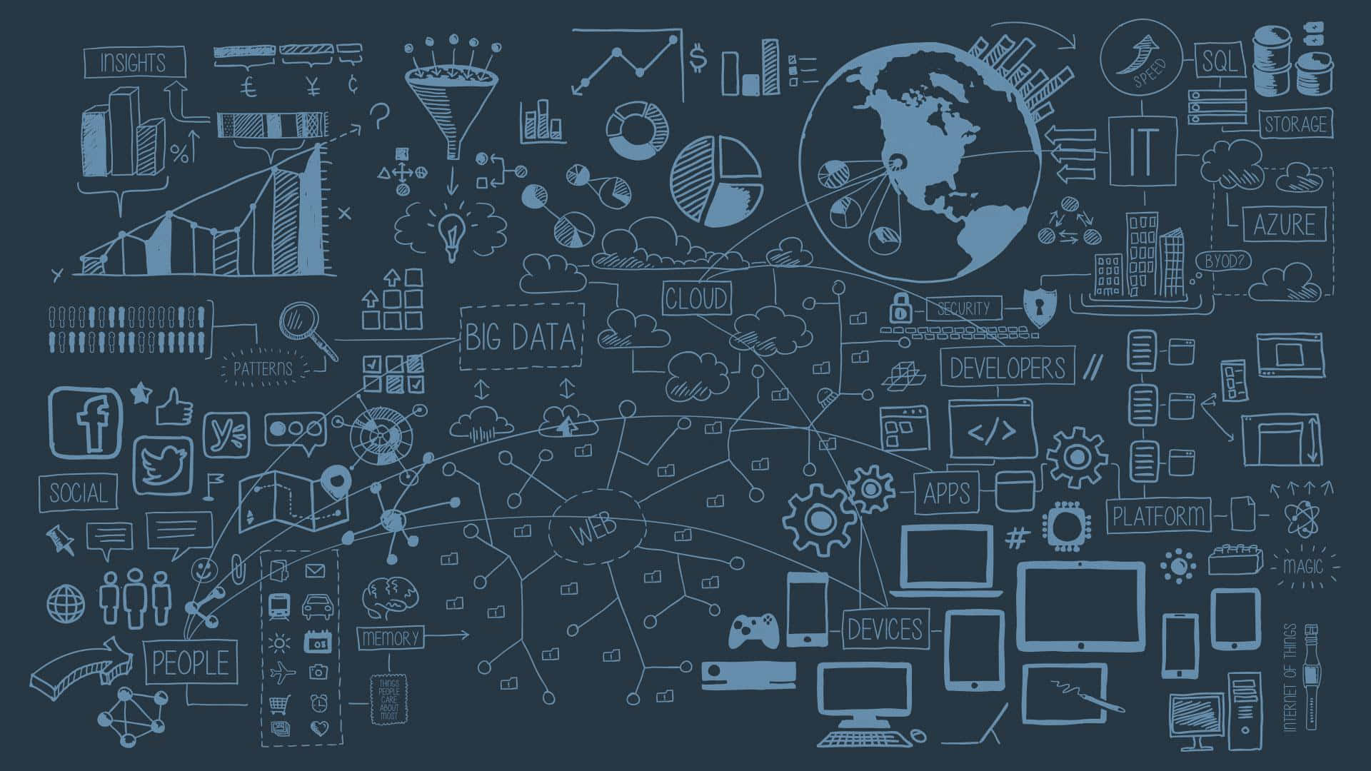 blue line-art sketch, global tech concepts, cloud computing, Full HD Desktop Wallpaper