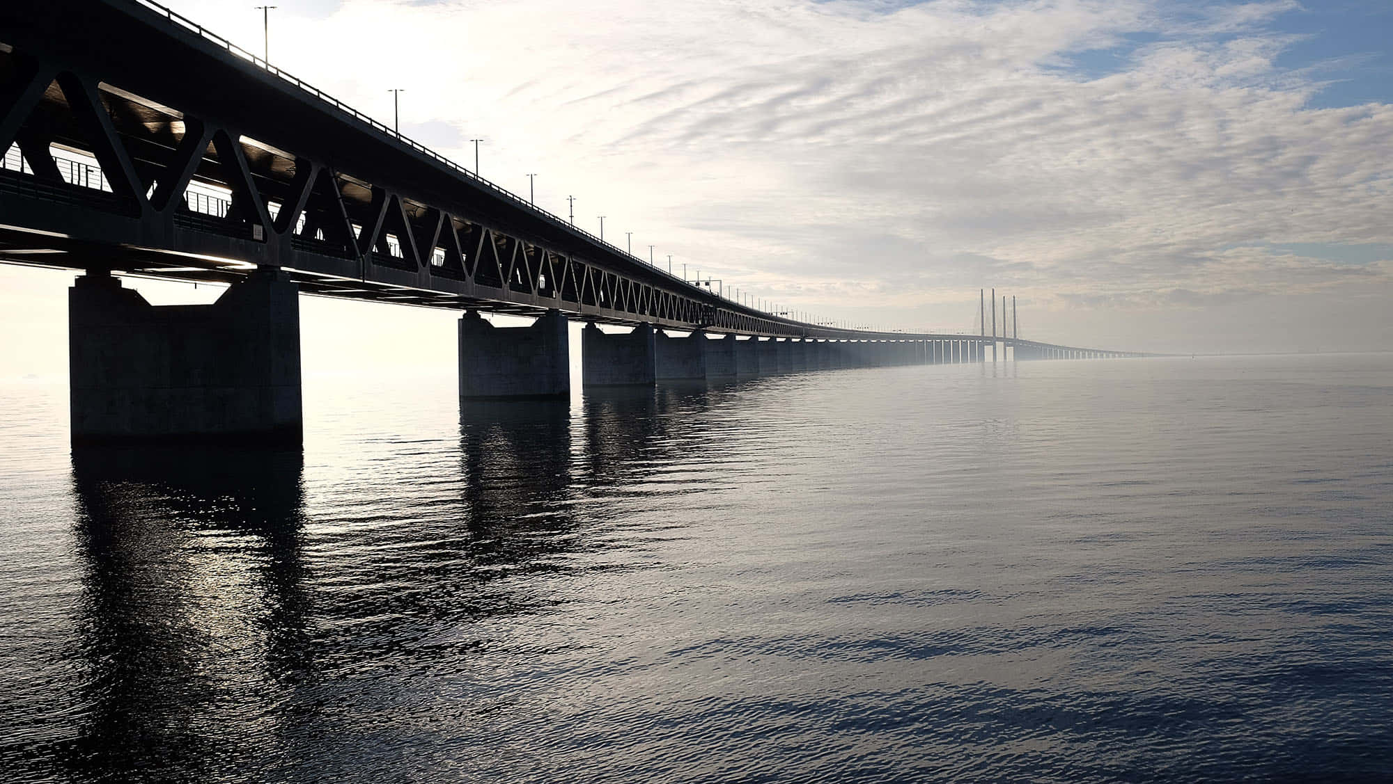 infrastructure, steel bridge, misty sea, Full HD Desktop Wallpaper