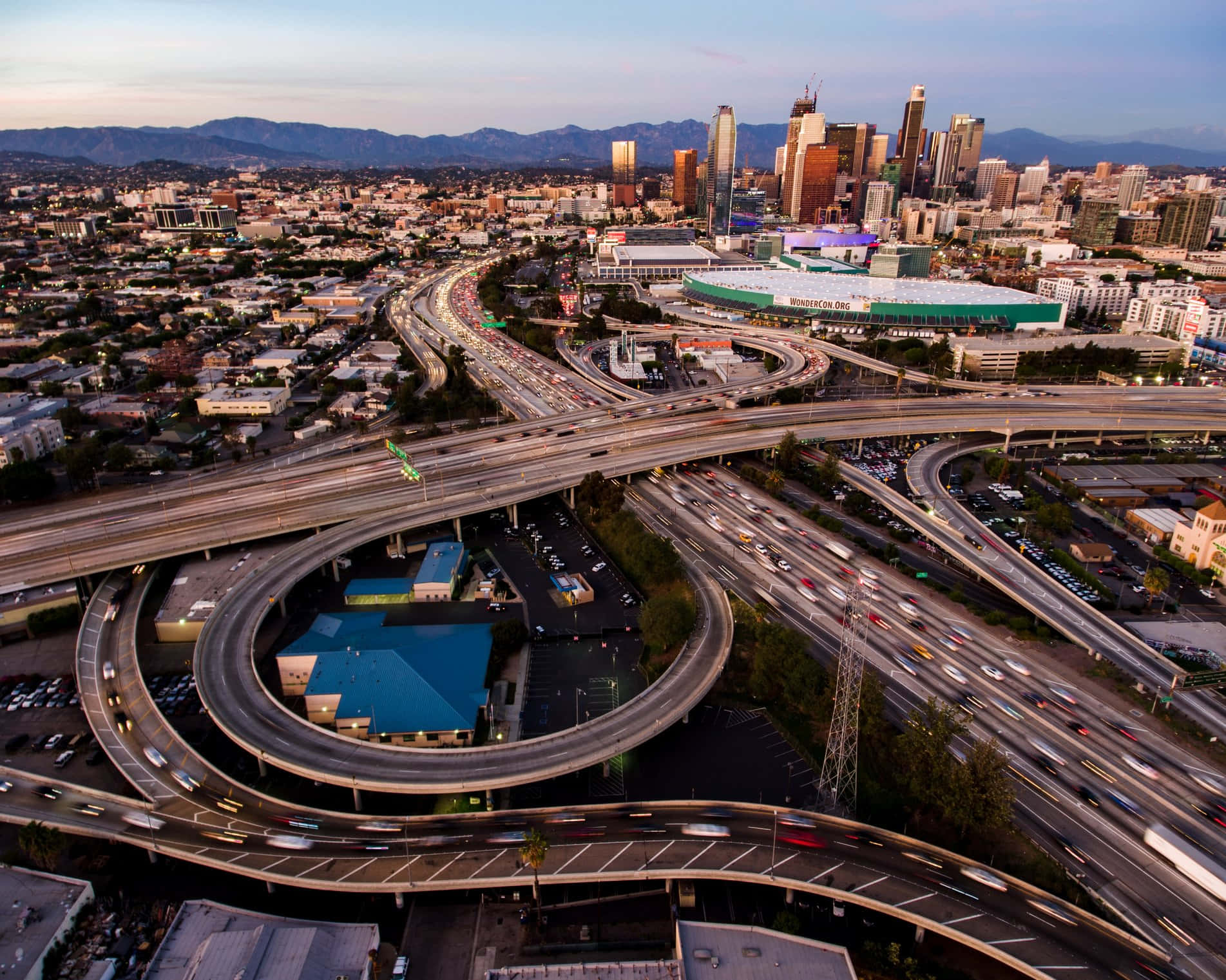 Infrastructure, urban freeway interchange, dusk, HD Desktop Wallpaper