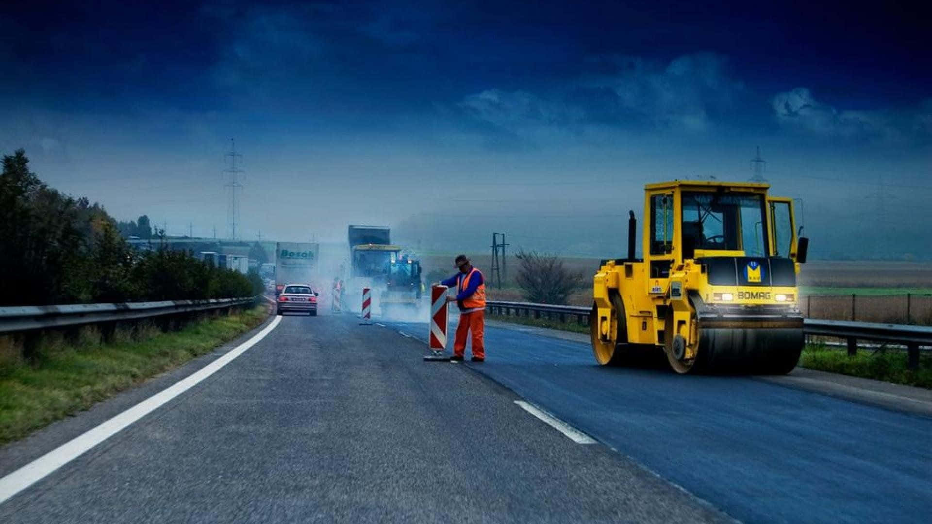 orange gear, yellow steamroller, misty highway, Full HD Desktop Wallpaper