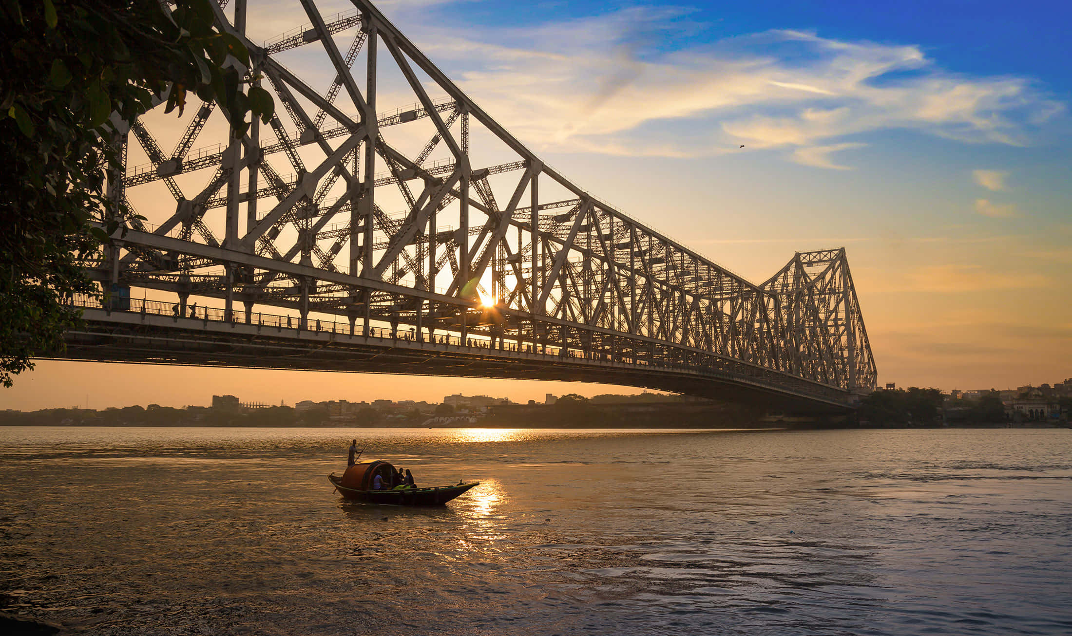 steel truss bridge, calm river, golden sunset, Full HD Desktop Wallpaper