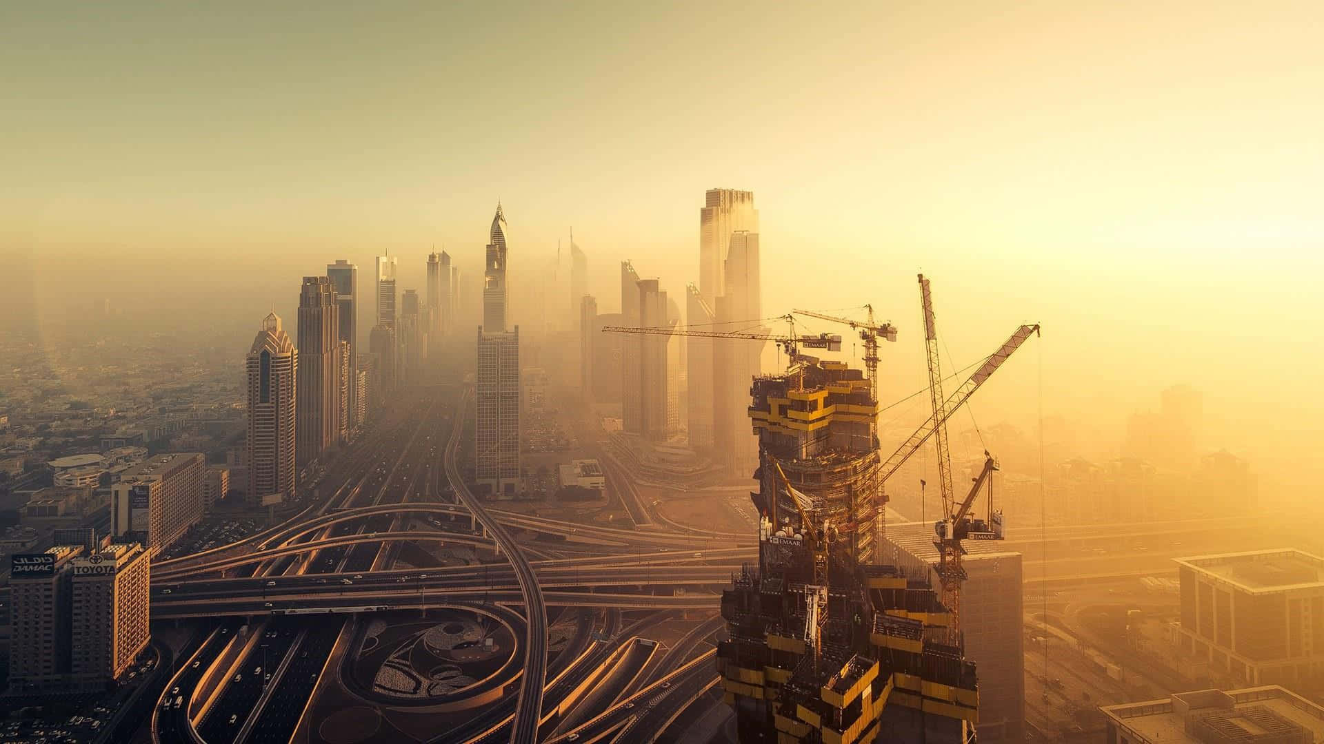 Golden sunrise, futuristic cityscape, towering skyscrapers, Full HD Desktop Wallpaper