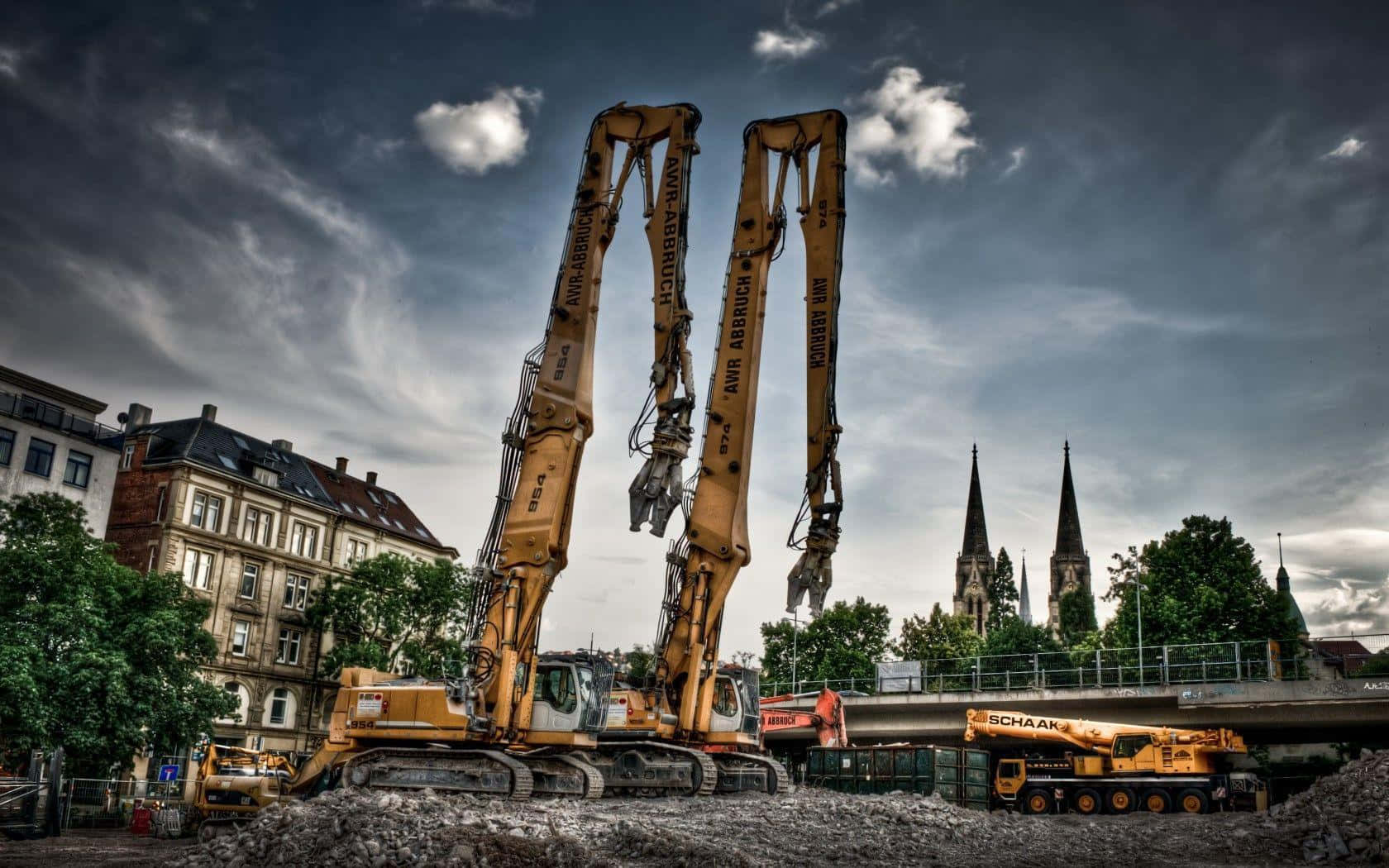 yellow excavators, construction site, cloudy sky, HD Desktop Wallpaper