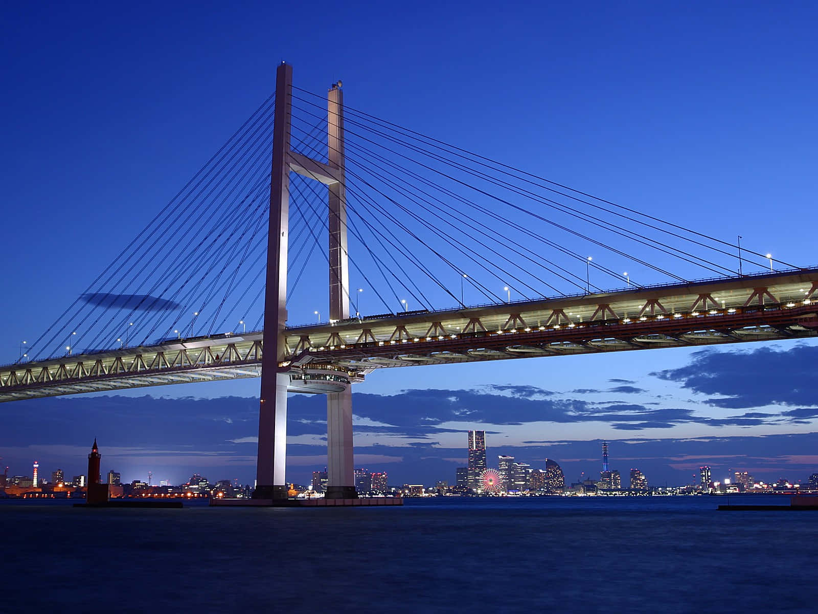 cable-stayed bridge, twilight waterway, glowing city skyline, HD Desktop Wallpaper