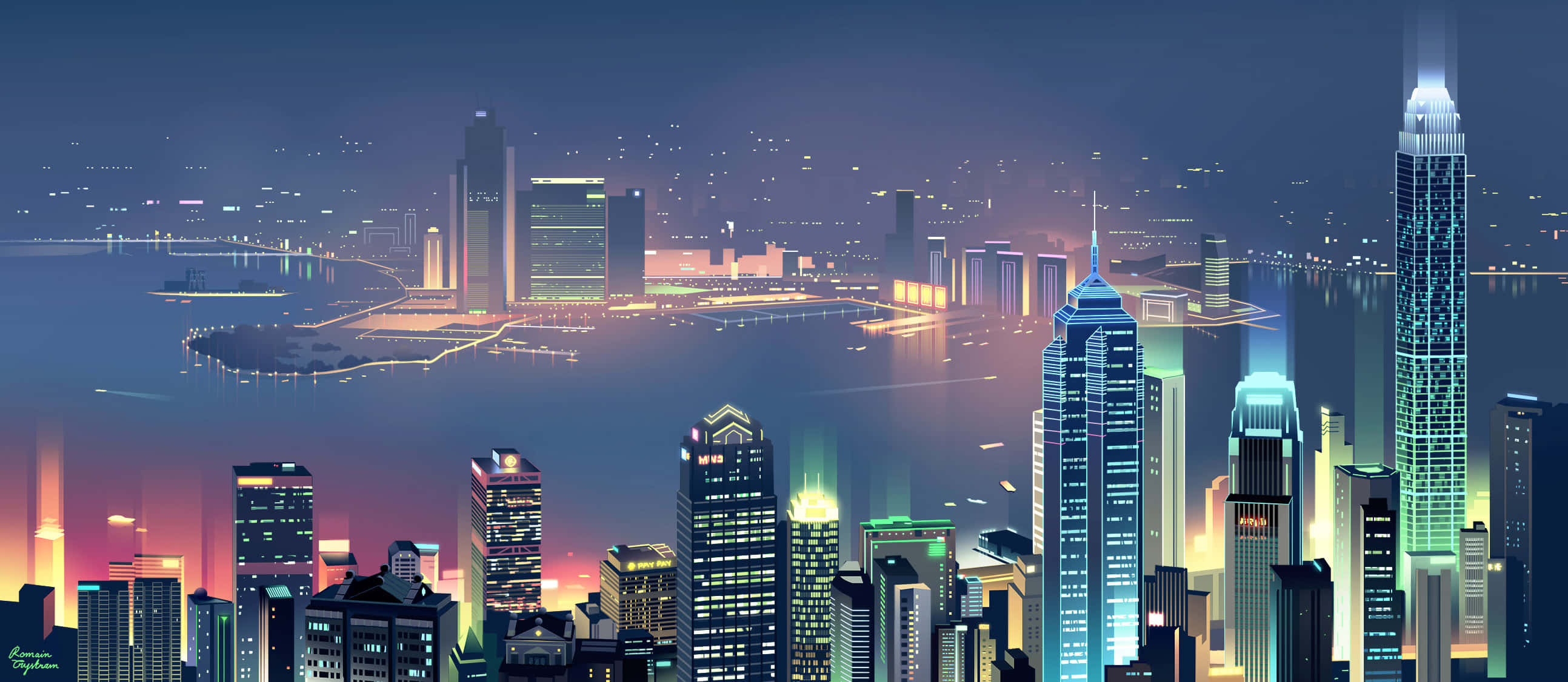 Infrastructure, neon-lit cityscape, dusk, 2K Desktop Wallpaper
