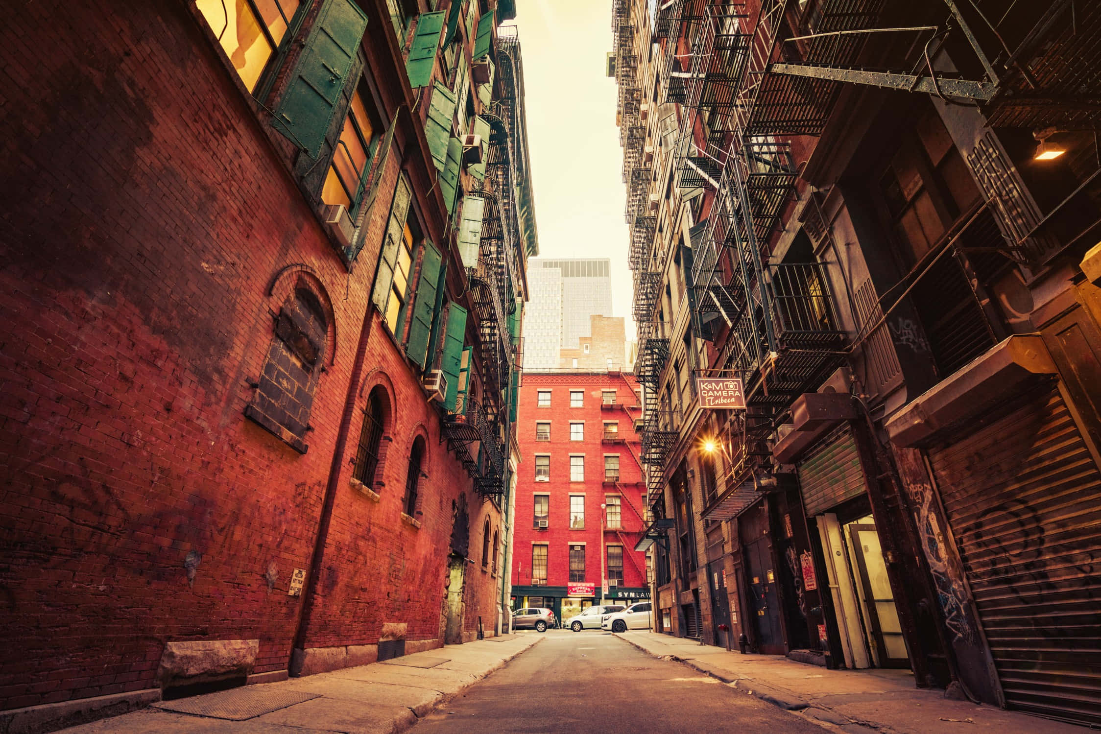 red brick buildings, green shutters, fire escapes, Full HD Desktop Wallpaper