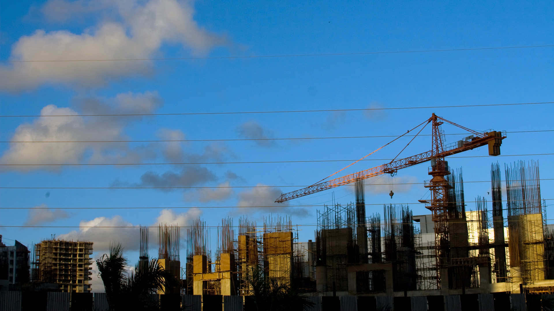 orange crane, bustling construction site, vibrant blue sky, Full HD Desktop Wallpaper