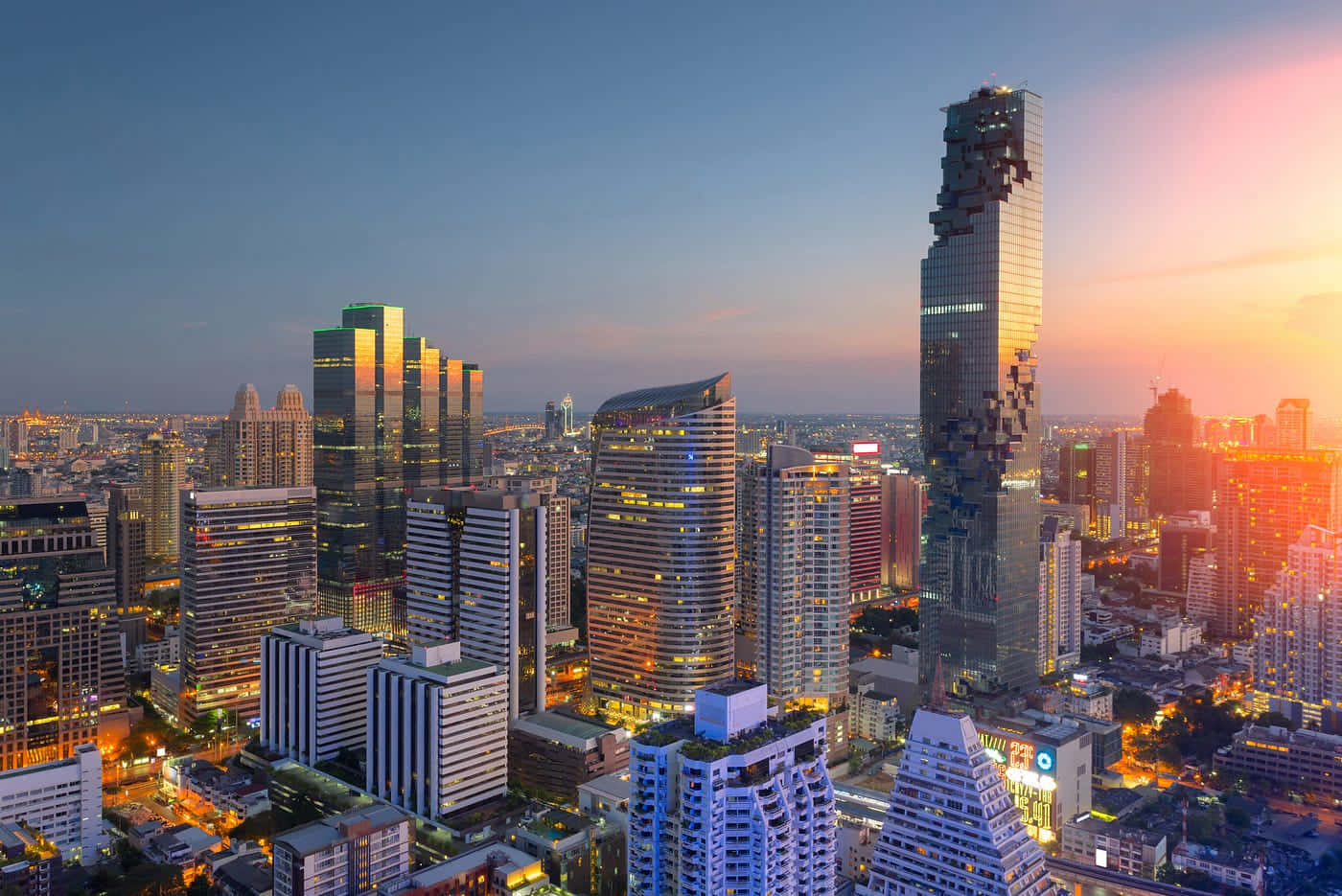 sunset, towering skyscrapers, warm orange and blue sky, HD Desktop Wallpaper