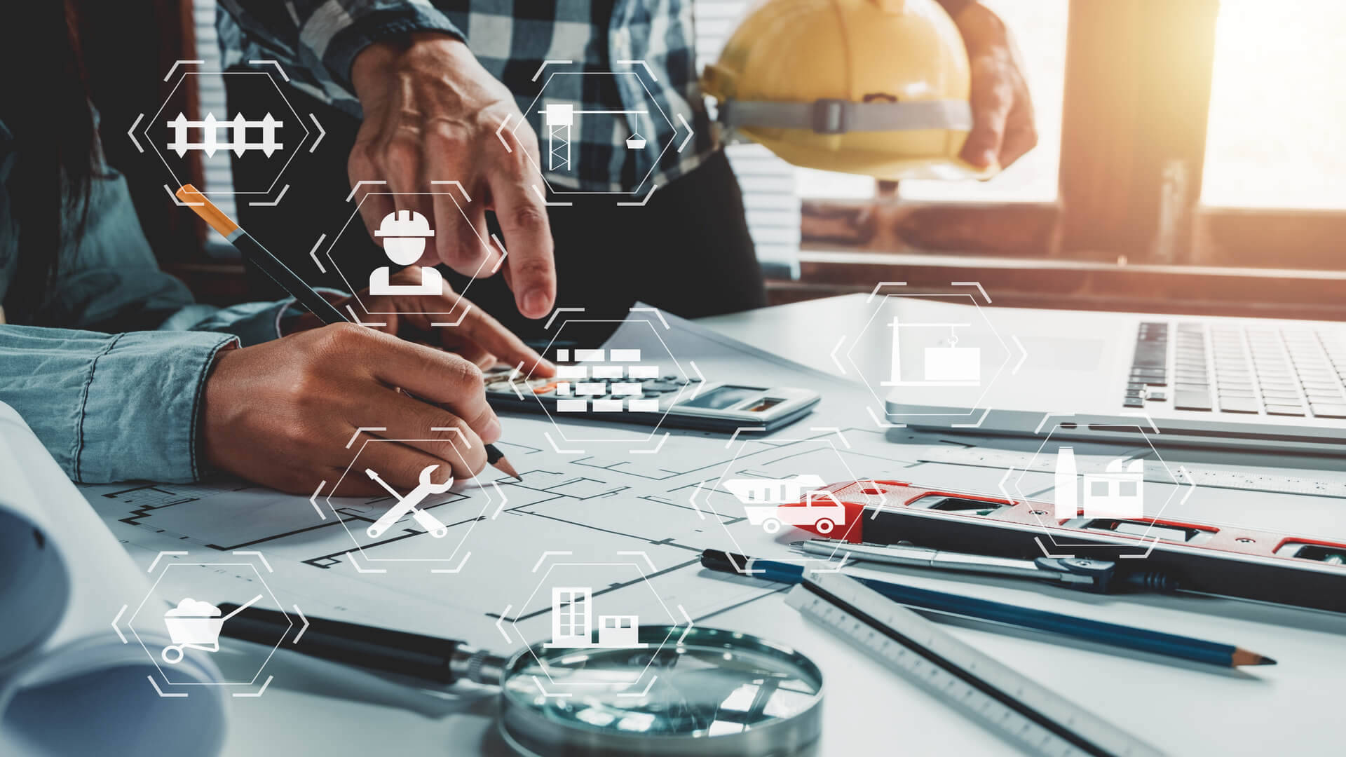 blueprints, floating construction icons, hard hat, Full HD Desktop Wallpaper