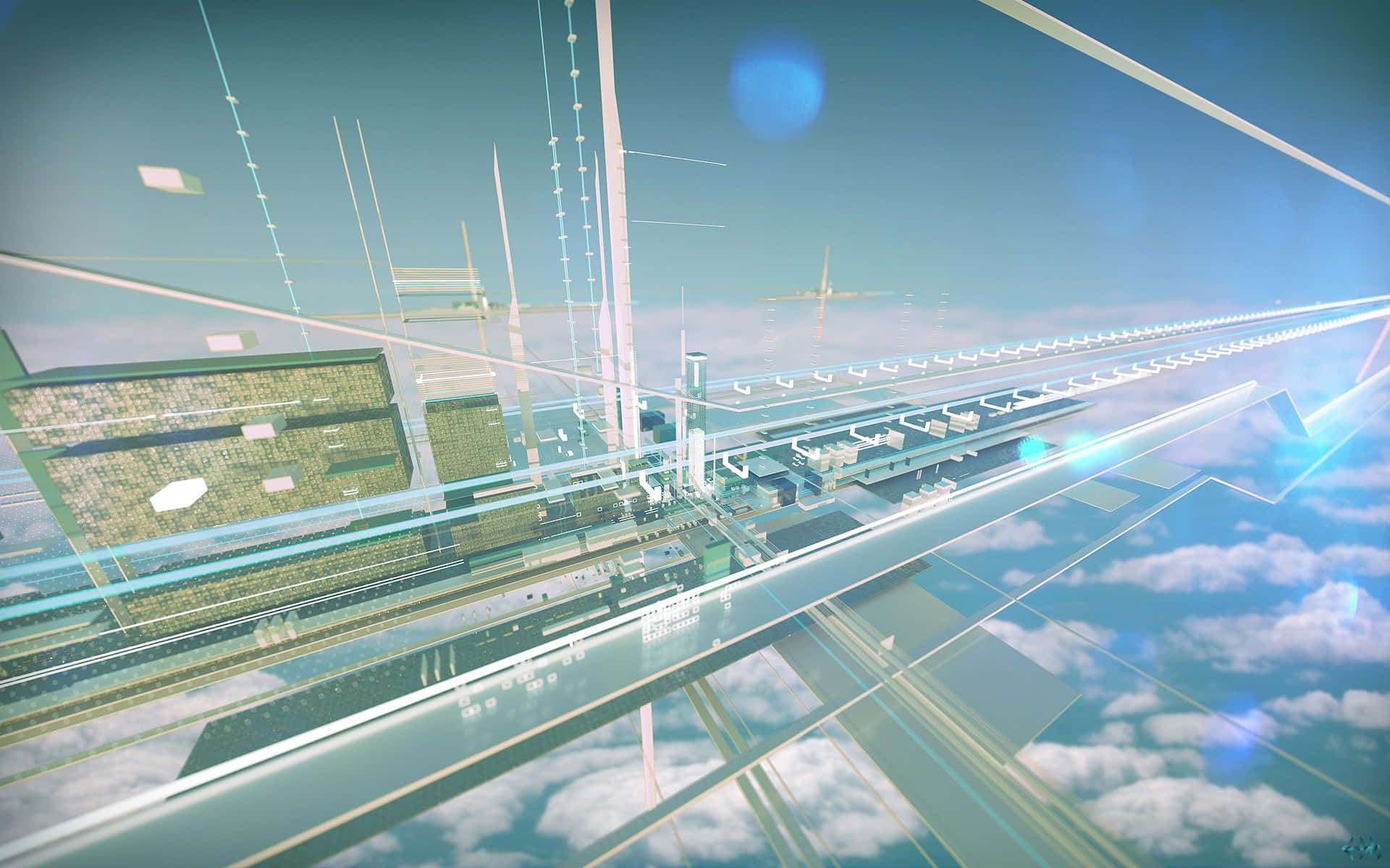 futuristic glass bridge, glowing blue lights, floating structures, Full HD Desktop Wallpaper