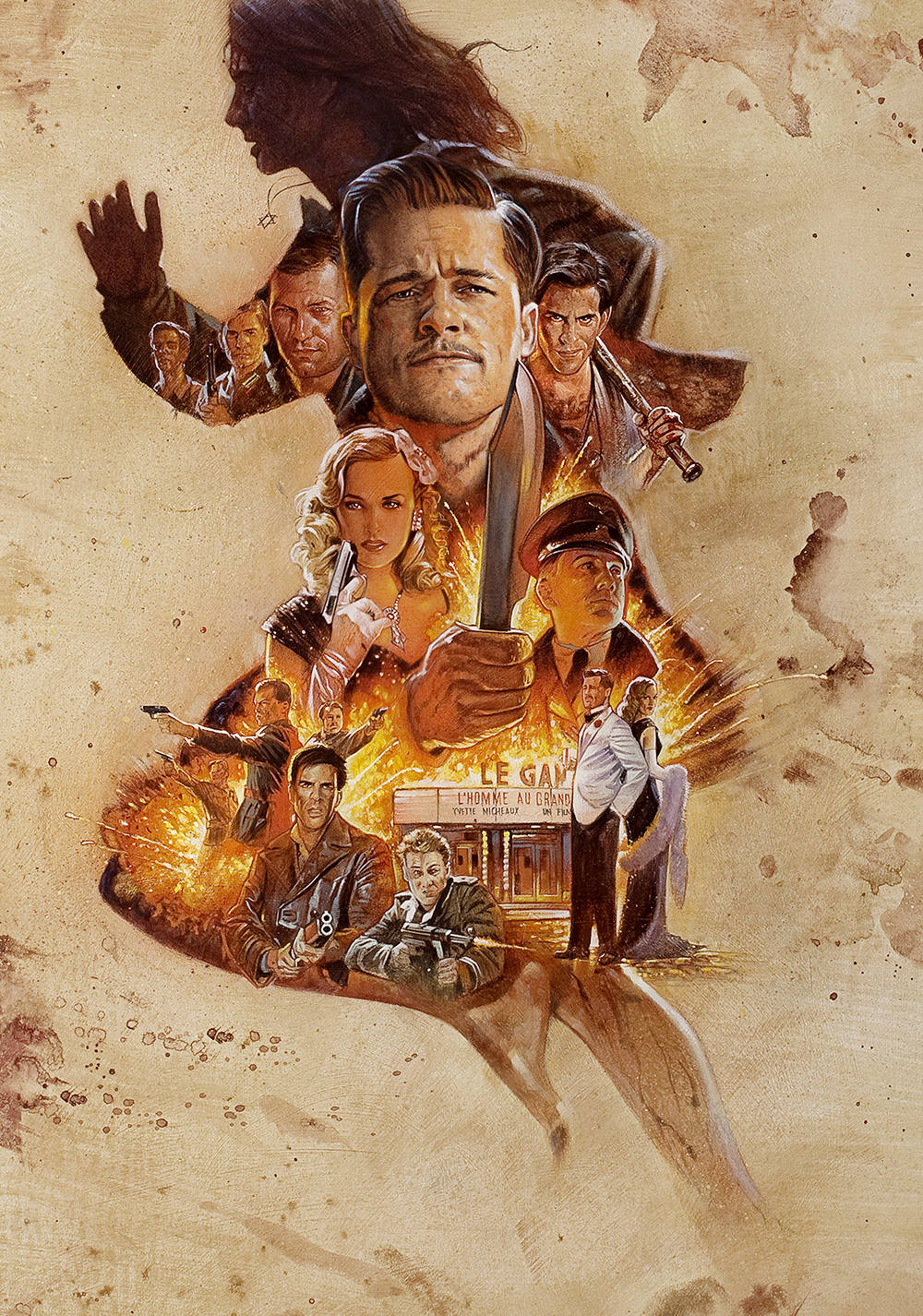 Inglourious Basterds, movie poster collage, textured beige background, HD Phone Wallpaper