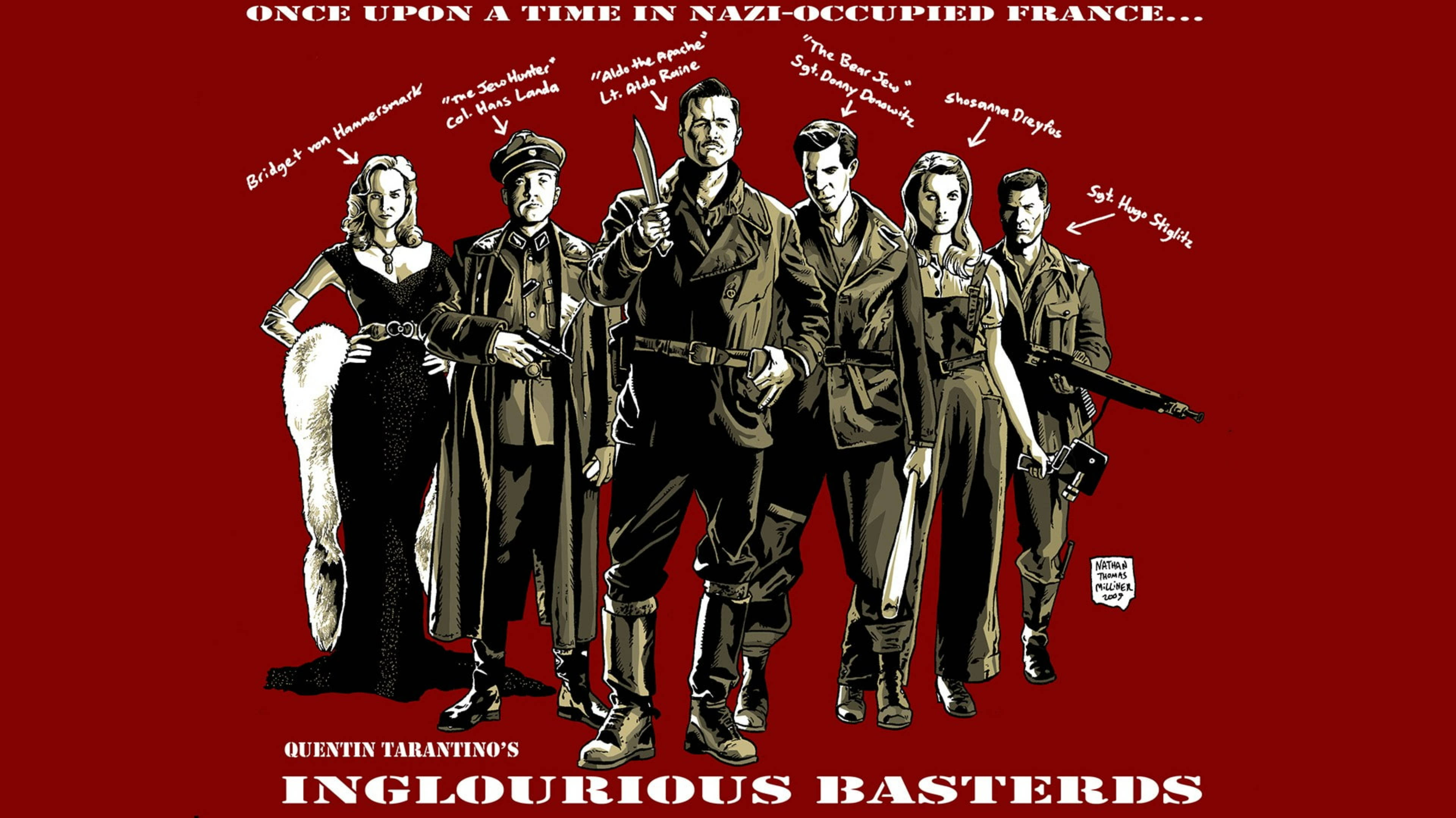 Inglourious Basterds, red, cartoon art, 4K Desktop Wallpaper