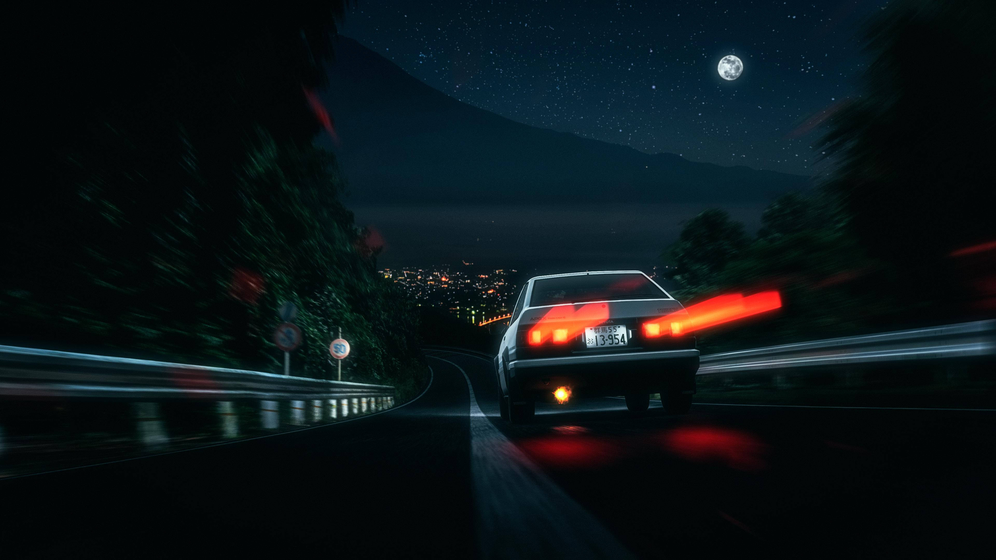 Initial D, white sports car, winding mountain road, 4K Desktop Wallpaper