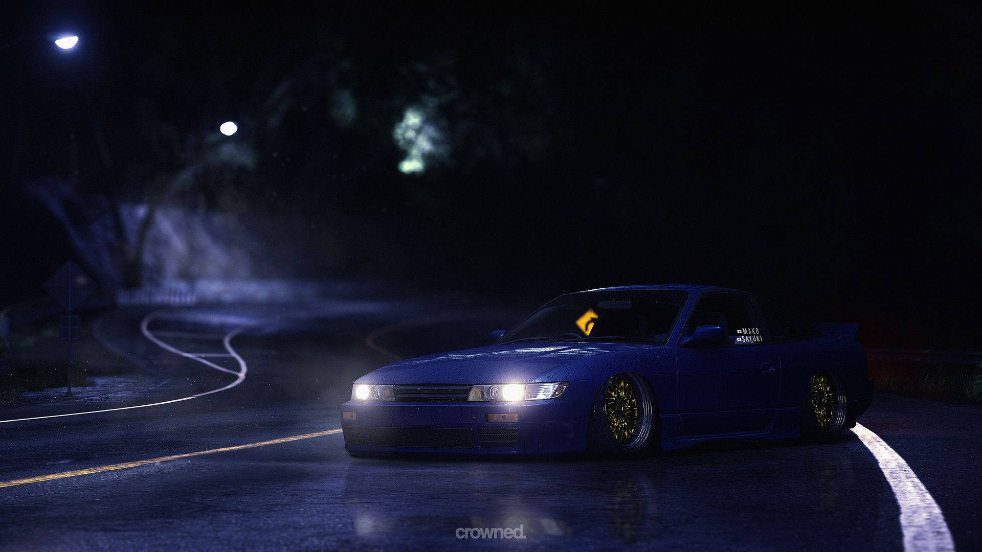 Initial D, blue sports car, wet nighttime curve, Full HD Desktop Wallpaper