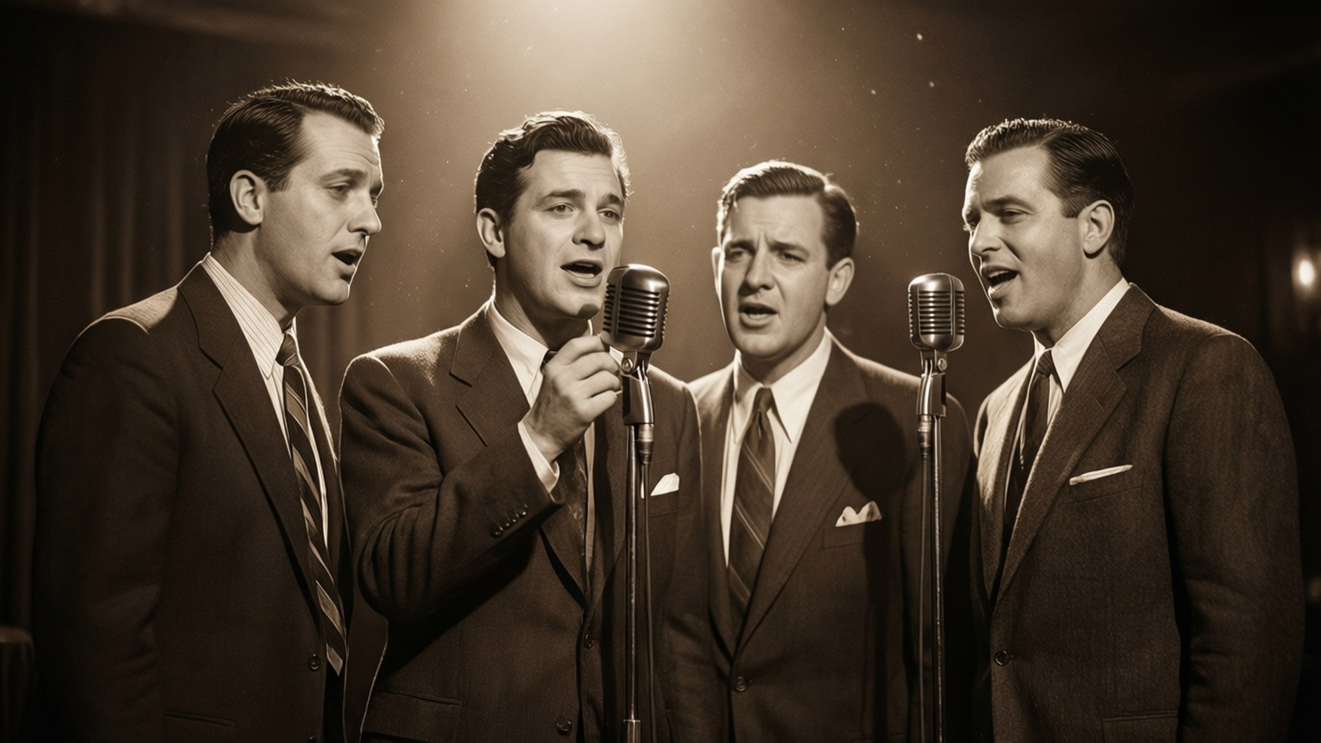 Ink Spots, stage spotlight, sepia-toned jazz club, Full HD Desktop Wallpaper