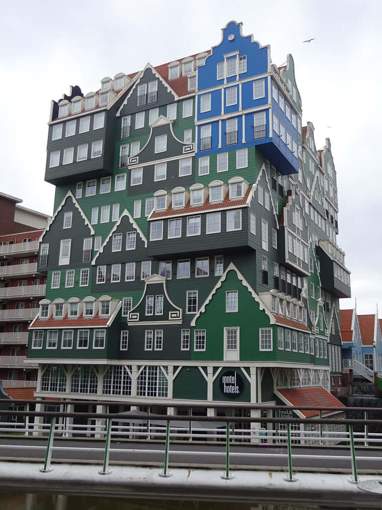 Inntel Hotel Zaandam, Dutch-style gabled facades, overcast sky, SD Phone Wallpaper