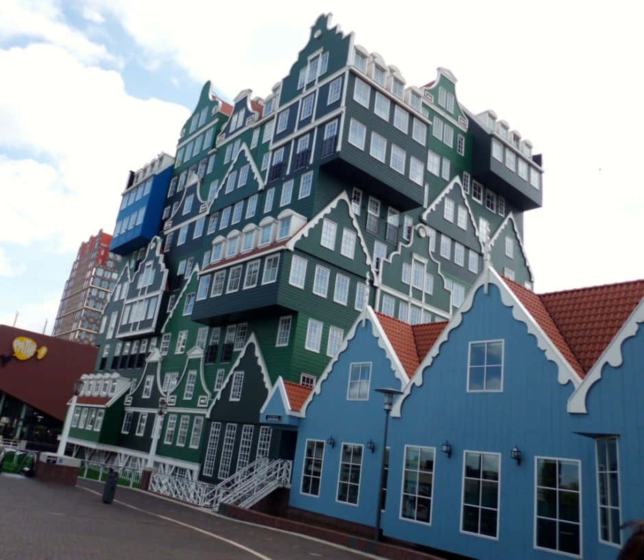 Inntel Hotel Zaandam, green and blue building, traditional gabled roofs, SD Desktop Wallpaper