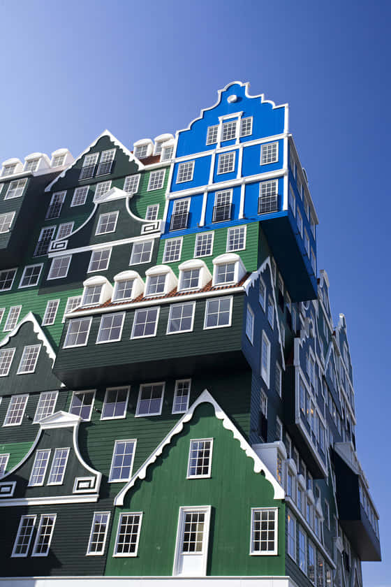 Inntel Hotel Zaandam, corner blue house, Dutch-style gabled facades, SD Phone Wallpaper