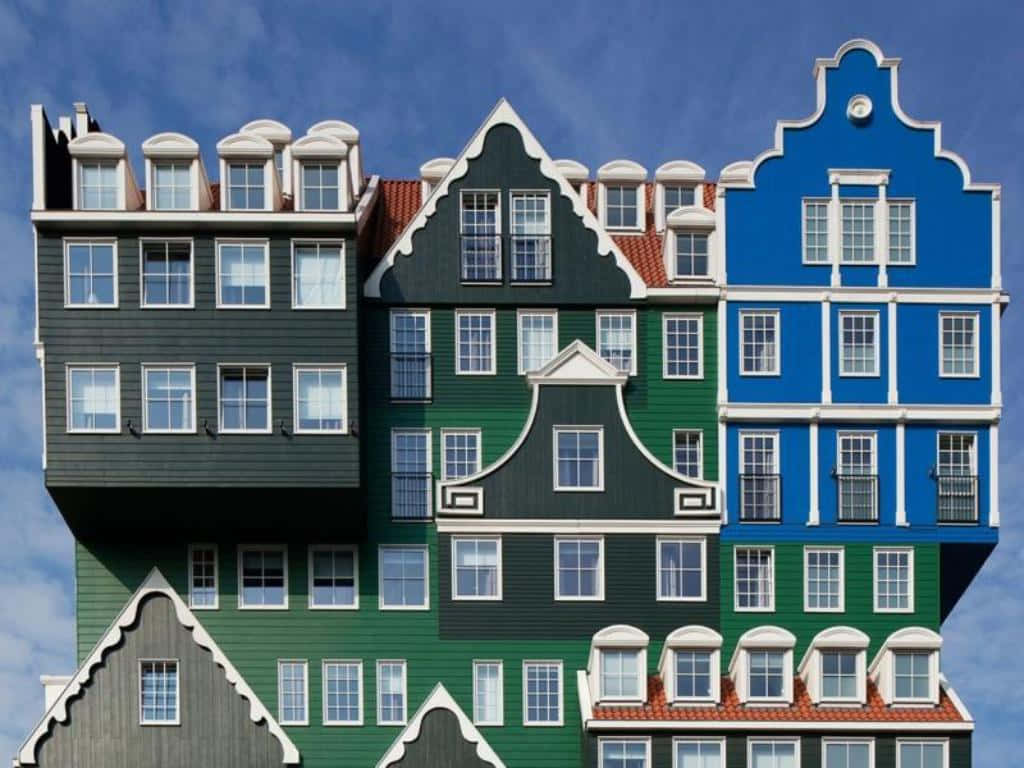 Inntel Hotel Zaandam, modern building, traditional Dutch gabled houses, SD Desktop Wallpaper
