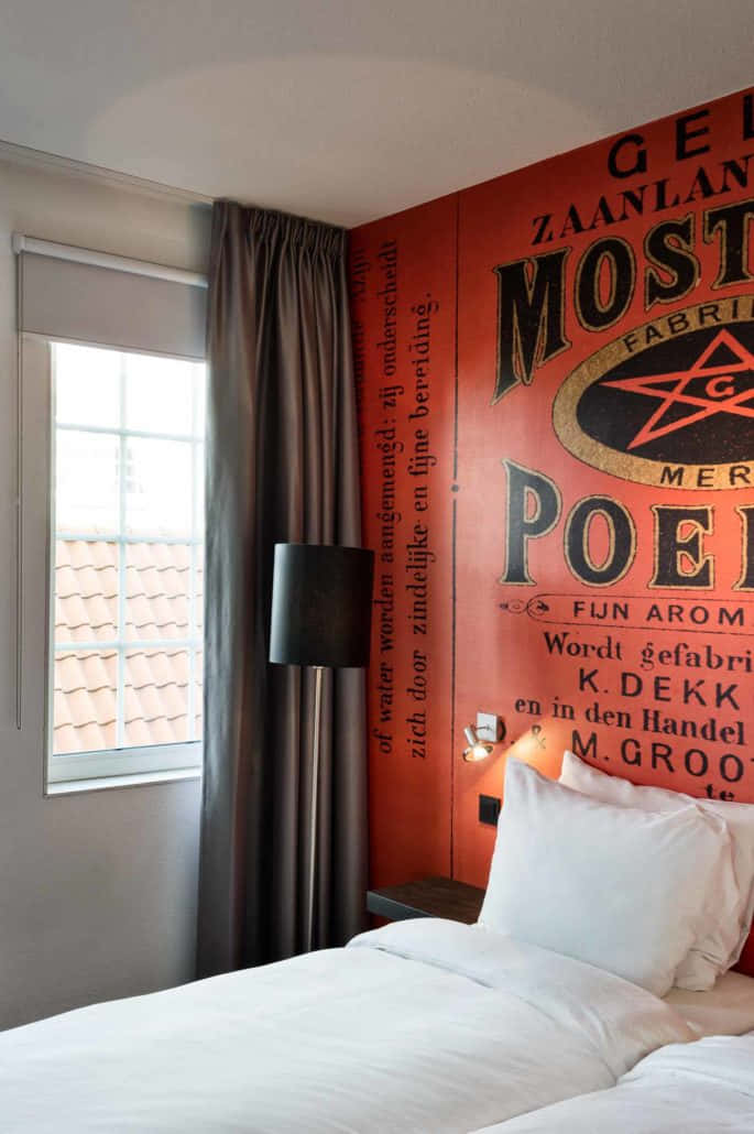 Inntel Hotel Zaandam, white linens, vibrant red wall, SD Phone Wallpaper