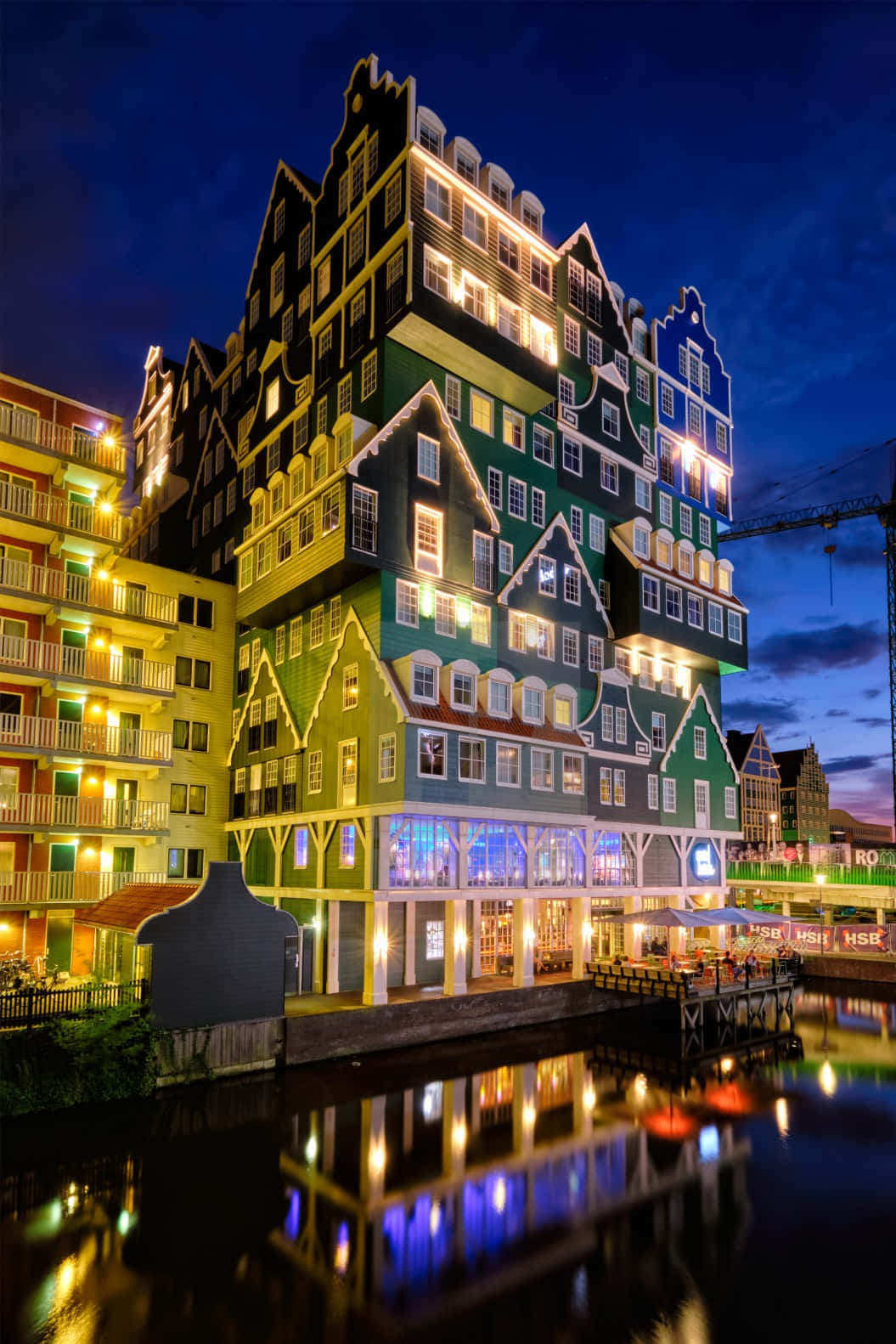 Inntel Hotel Zaandam, blue night sky, Dutch-style buildings, HD Phone Wallpaper