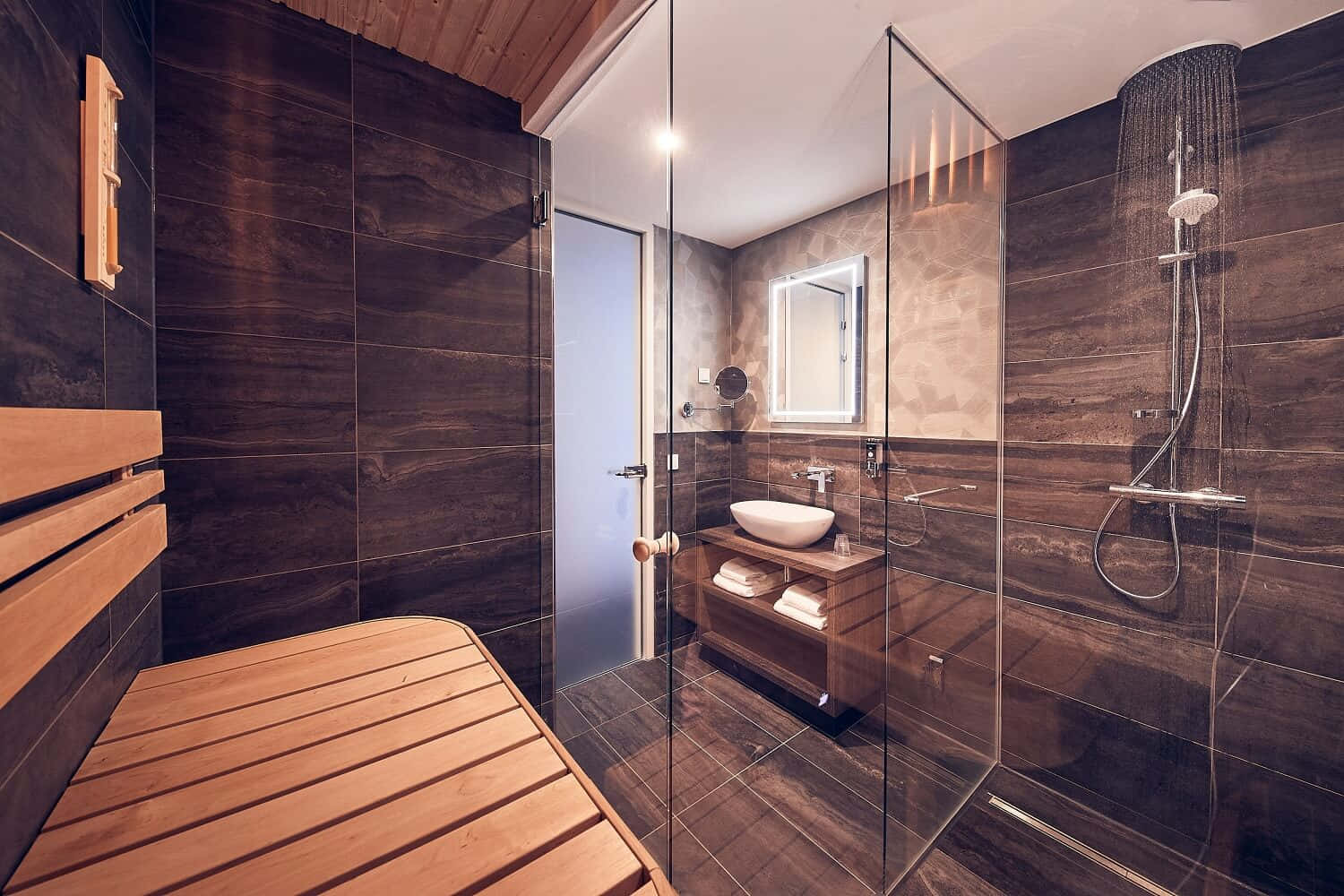 Inntel Hotel Zaandam, sauna room, dark wood tiles, HD Desktop Wallpaper