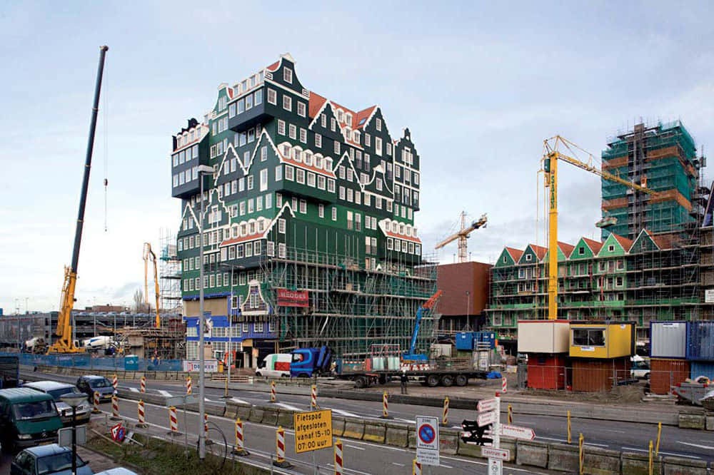 Inntel Hotel Zaandam, green and white Dutch-style building, cranes, SD Desktop Wallpaper