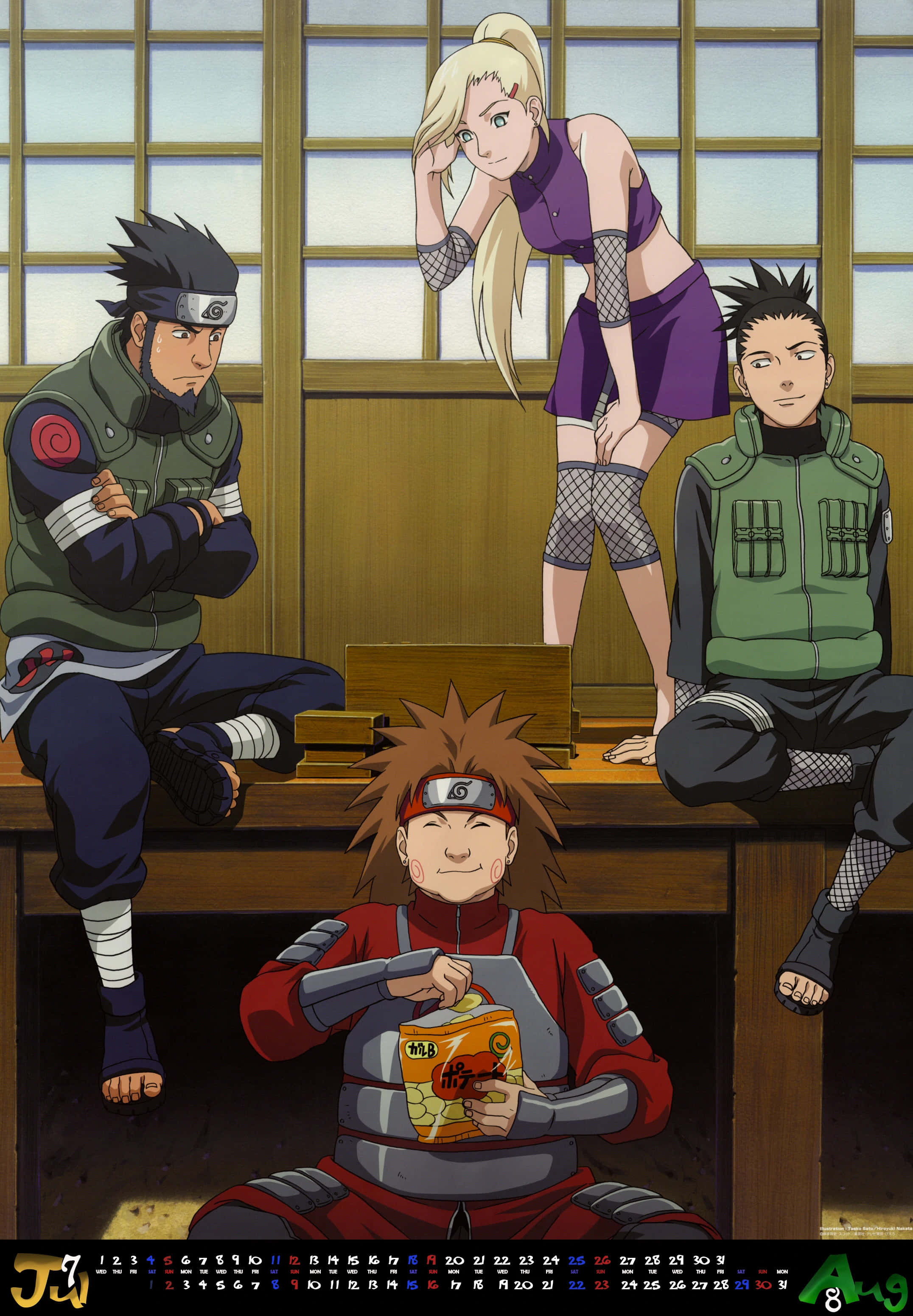 Ino Shika Cho, anime ninja characters, wooden room, 2K Phone Wallpaper